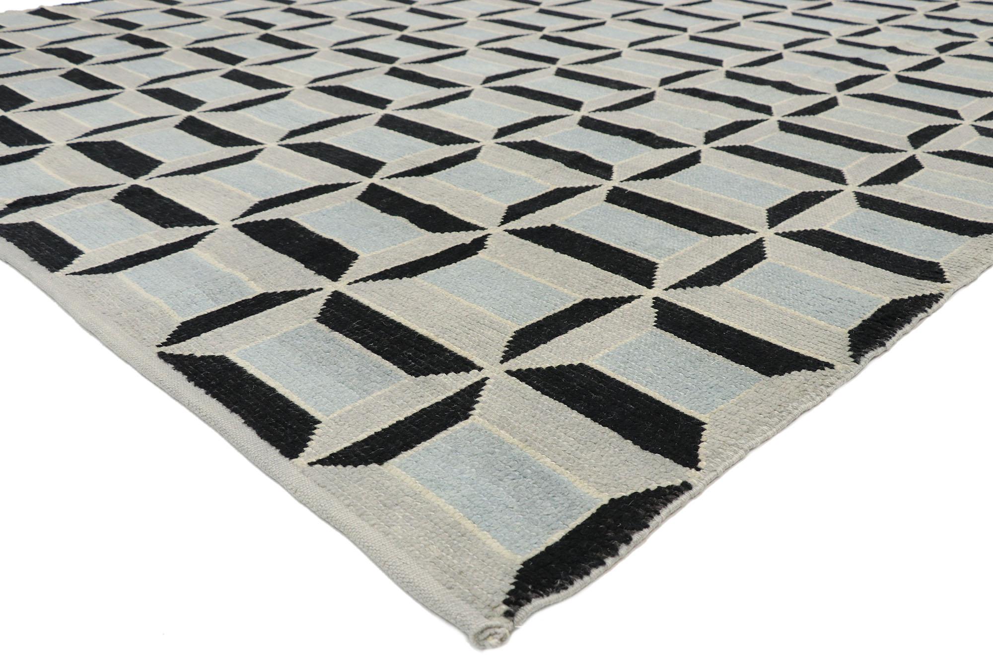 52996, new contemporary Moroccan rug with cubist Bauhaus style 09’00 x 13’01. Showcasing a bold expressive design with Cubist Bauhaus style, this hand knotted wool contemporary Moroccan style rug is a captivating vision of woven beauty. It features