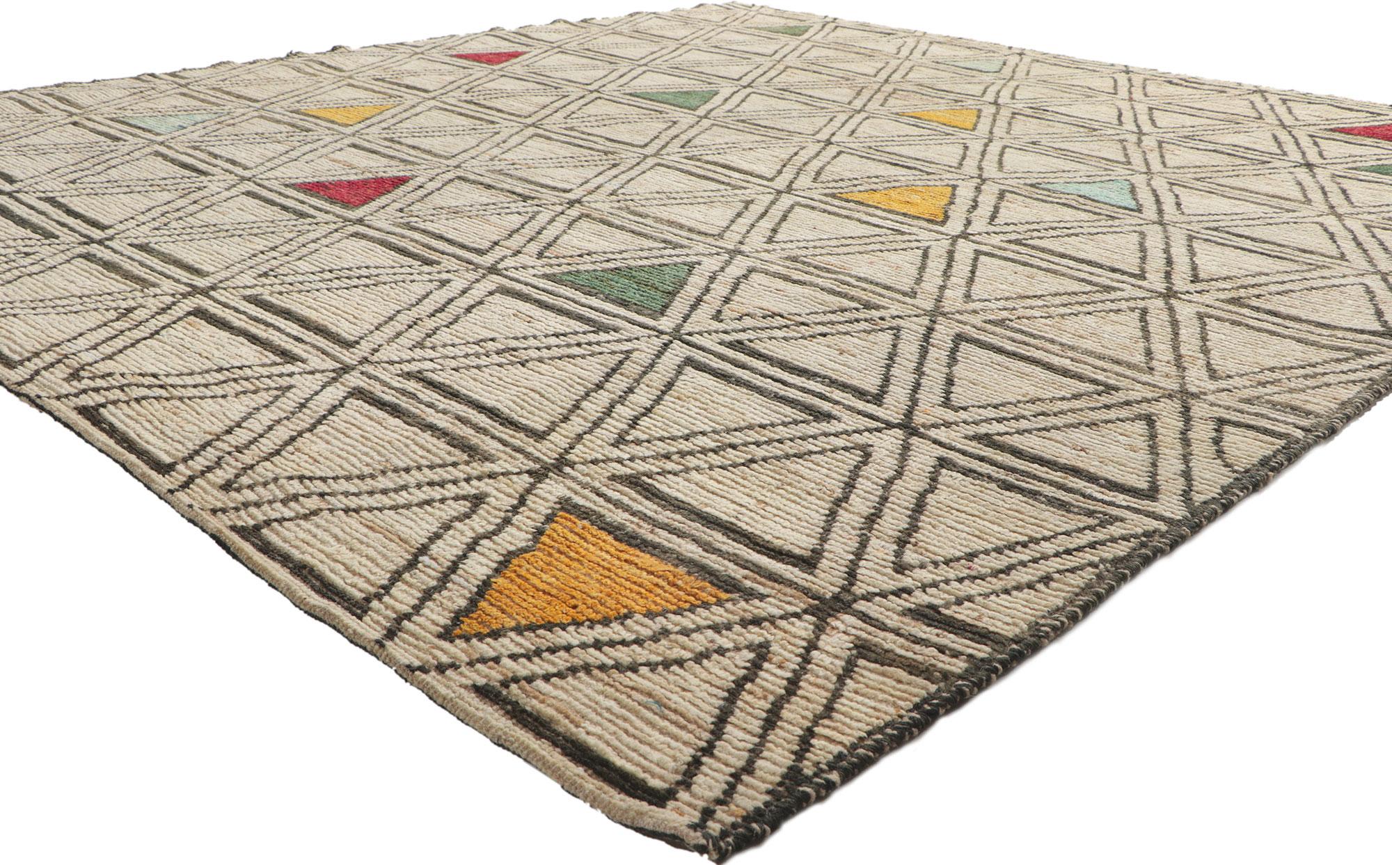 80802 Geometric Moroccan Rug, 08'04 x 09'02. Emanating triangular tessellation with incredible detail and texture, this hand knotted wool Moroccan rug is a captivating vision of woven beauty. The eye-catching geometric pattern and earthy colorway