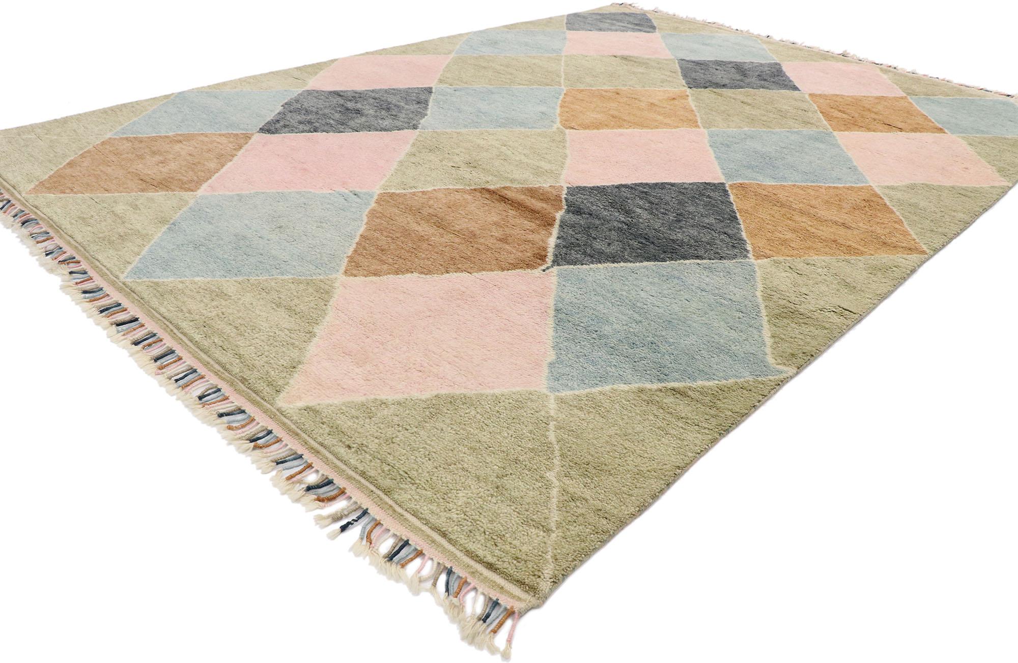 30568 Argyle Style Moroccan Rug, 09'00 x 12'09.
Preppy argyle meets boho chic in this hand knotted wool modern Moroccan rug. The posh diamond pattern and earthy colors woven into this piece work together creating a playful and polished look. A