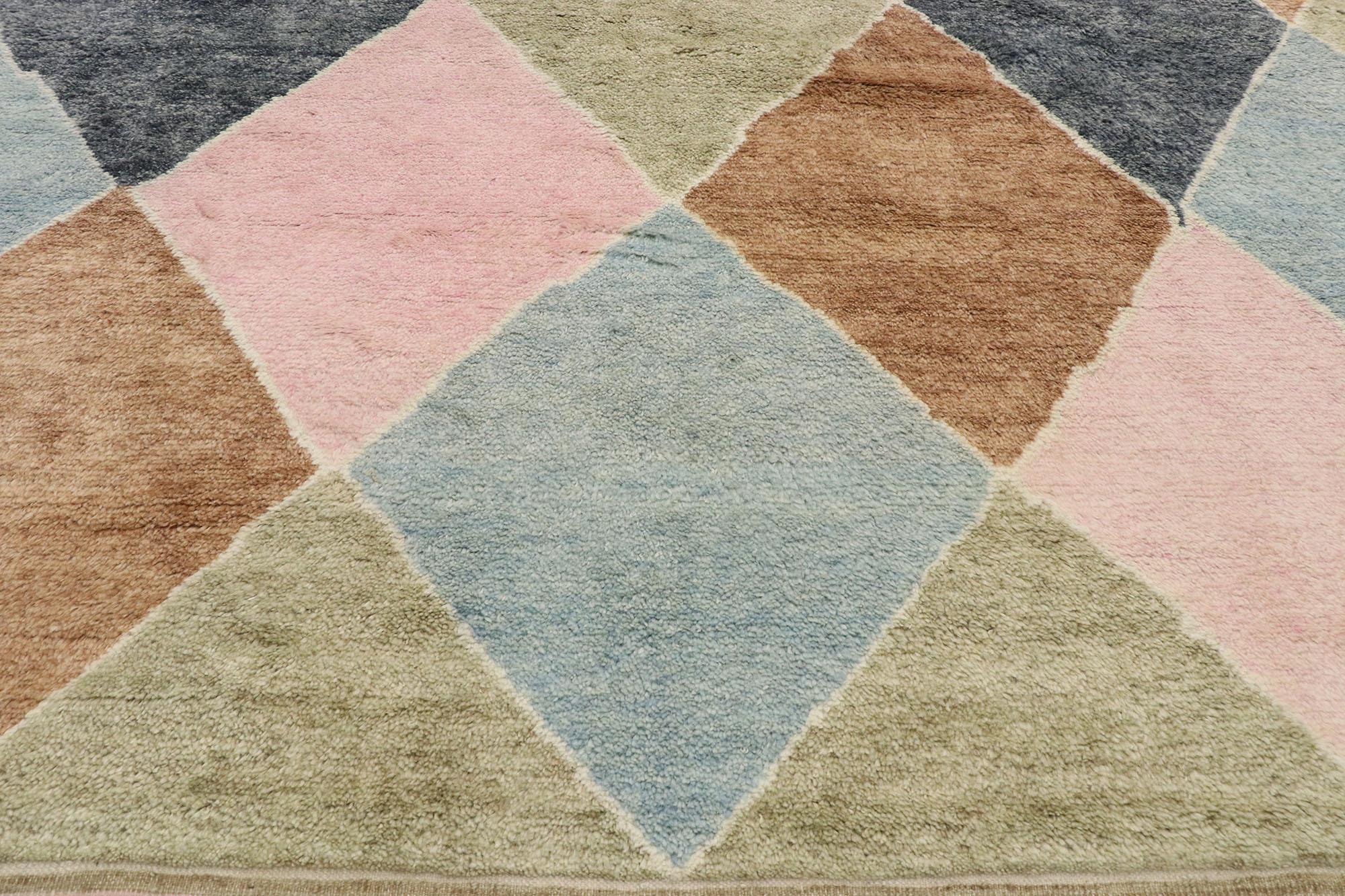 Indian Modern Moroccan Area Rug, Preppy Argyle Meets Boho Chic For Sale