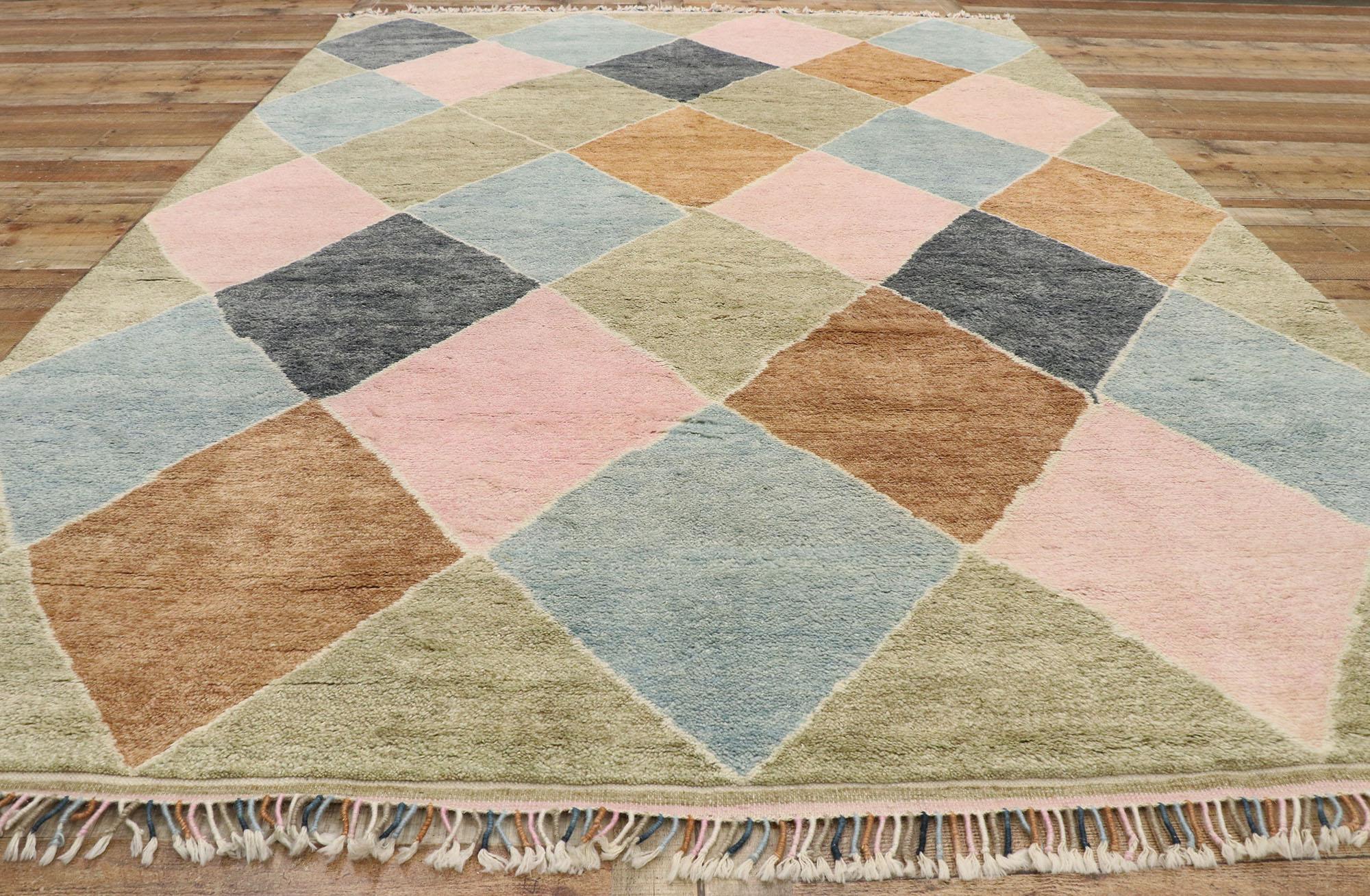 Wool Modern Moroccan Area Rug, Preppy Argyle Meets Boho Chic For Sale