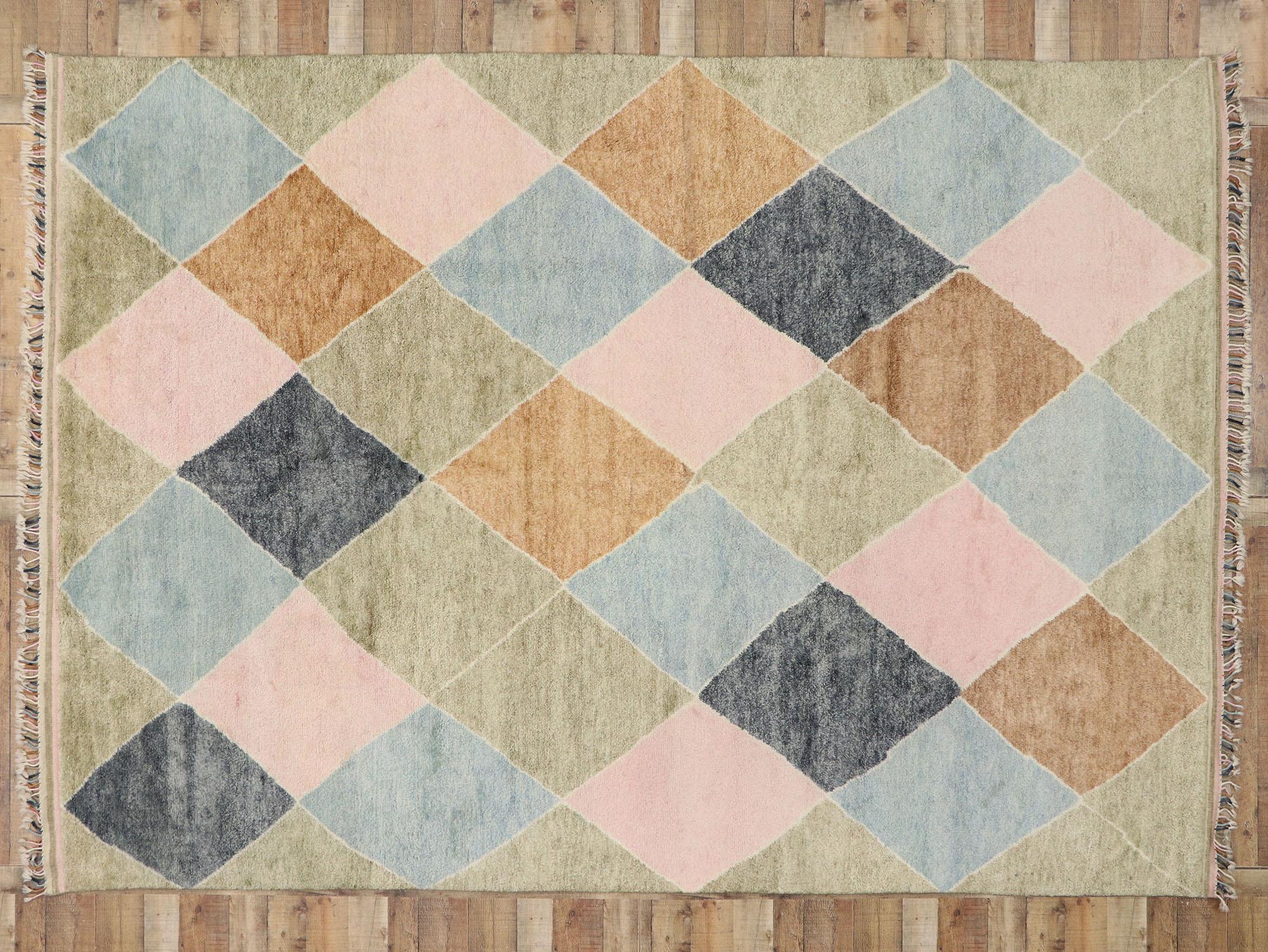 Wool Modern Moroccan Area Rug, Preppy Argyle Meets Boho Chic For Sale