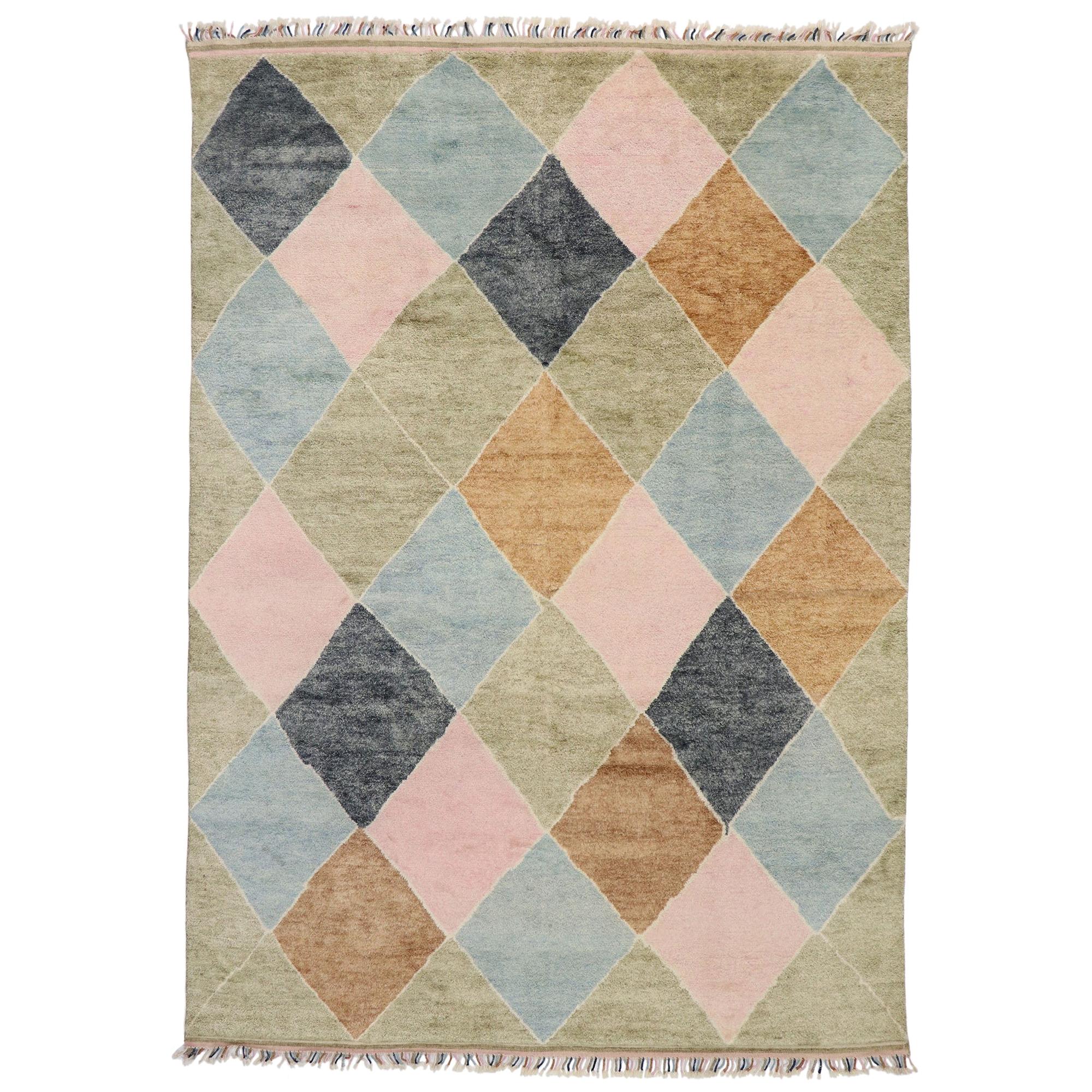 Modern Moroccan Area Rug, Preppy Argyle Meets Boho Chic For Sale