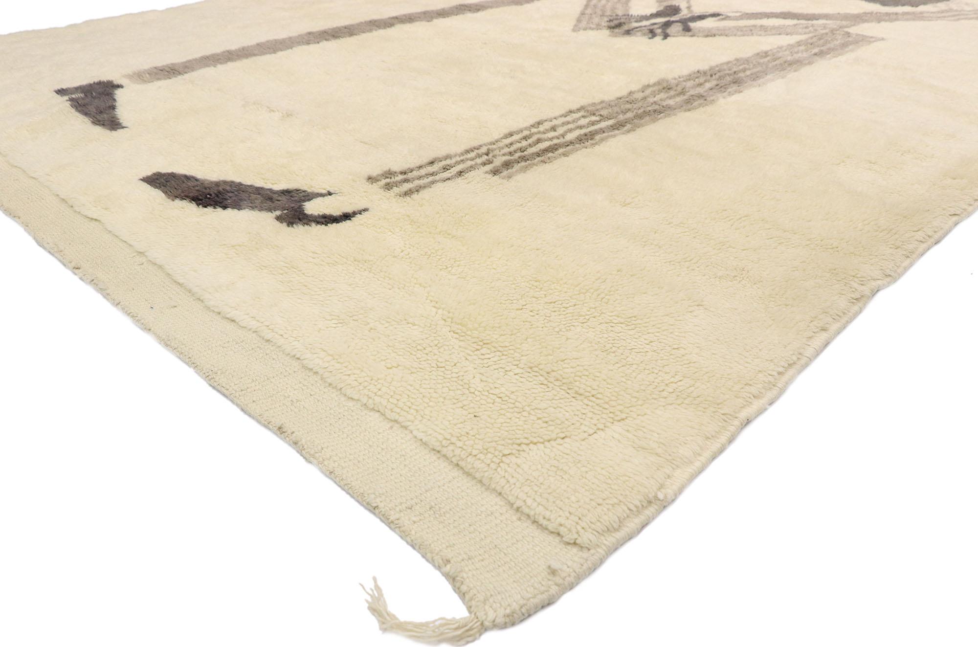 20924 New Berber contemporary Moroccan rug with Minimalist style and figurative art design. Drawing inspiration from Sorrowing Old Man At Eternity's Gate by Vincent van Gogh and sketches styled after Henri Matisse, Raphael and Arthur Bowen Davies,