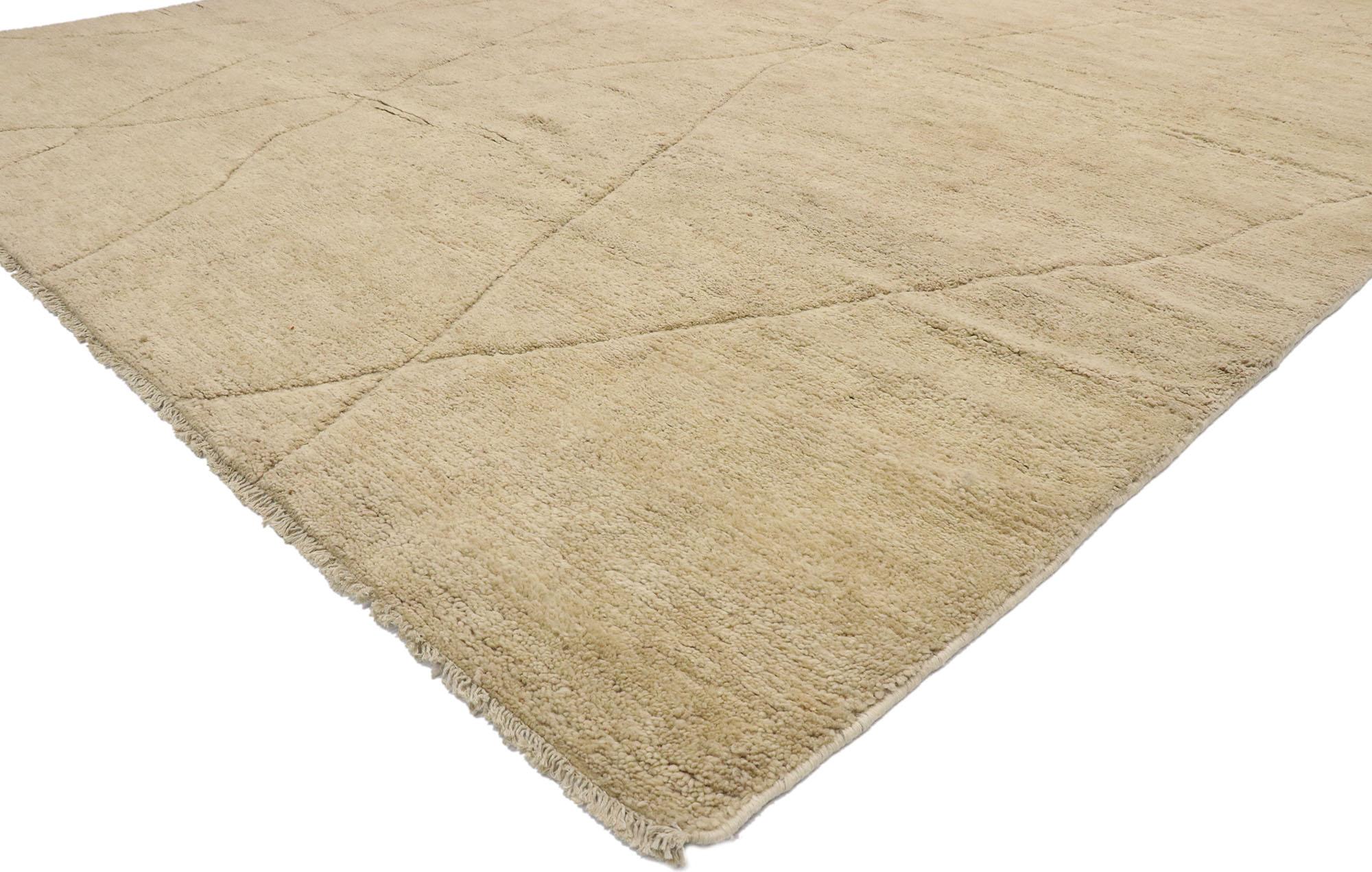 80652, new contemporary Moroccan rug with Minimalist Swedish Mysigt style. Effortless beauty and simplicity meet soft, Mysigt style in this hand knotted wool contemporary Moroccan rug. The warm tan colored field features an all-over geometric