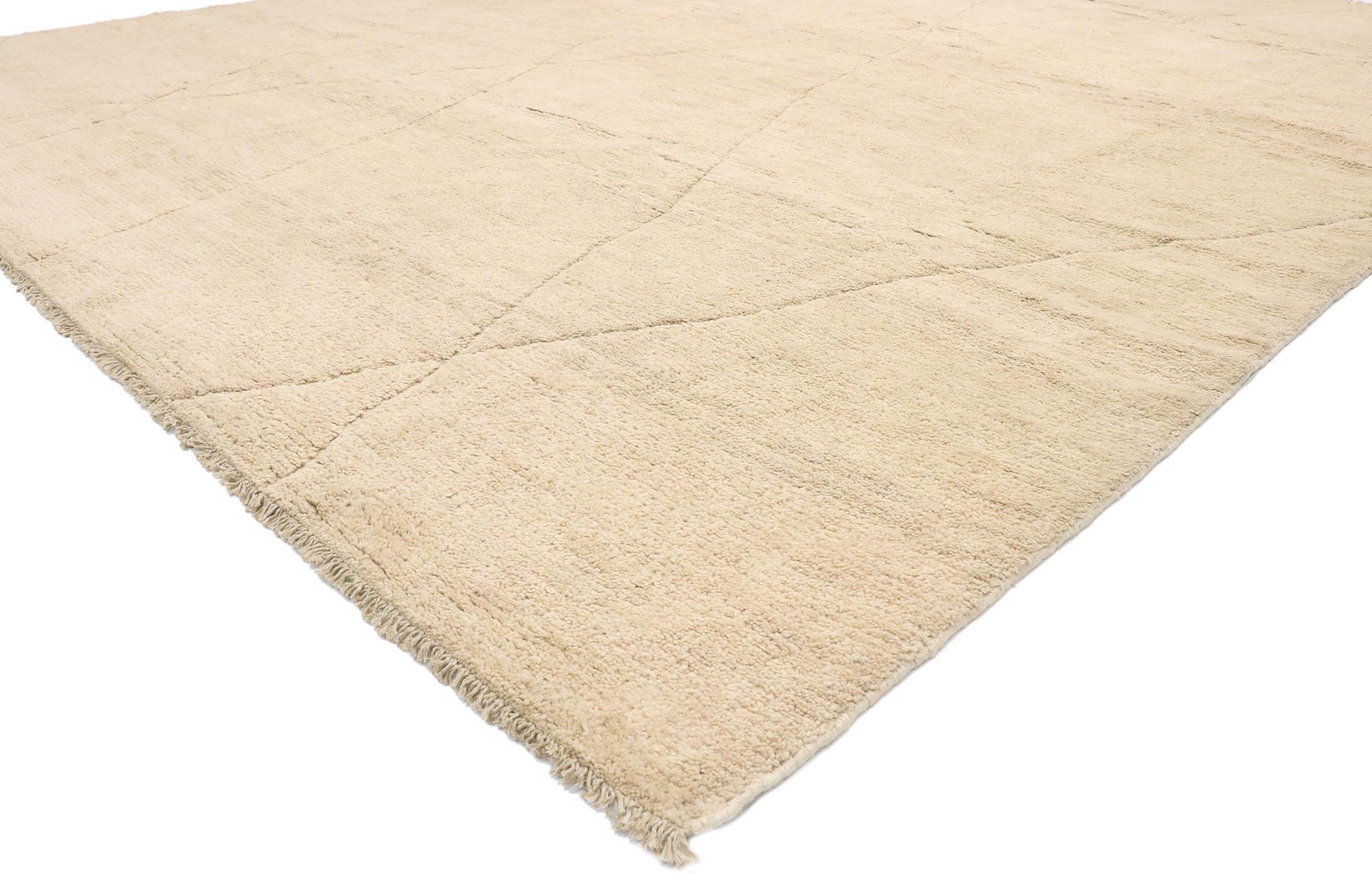 80641 Organic Modern Neutral Moroccan Rug, 12'04 x 15'04. 
Minimalist Shibui meets Wabi-Sabi in this hand knotted wool Berber Moroccan rug. The barely there design and neutral colors woven into this piece work together to provide a feeling of cozy