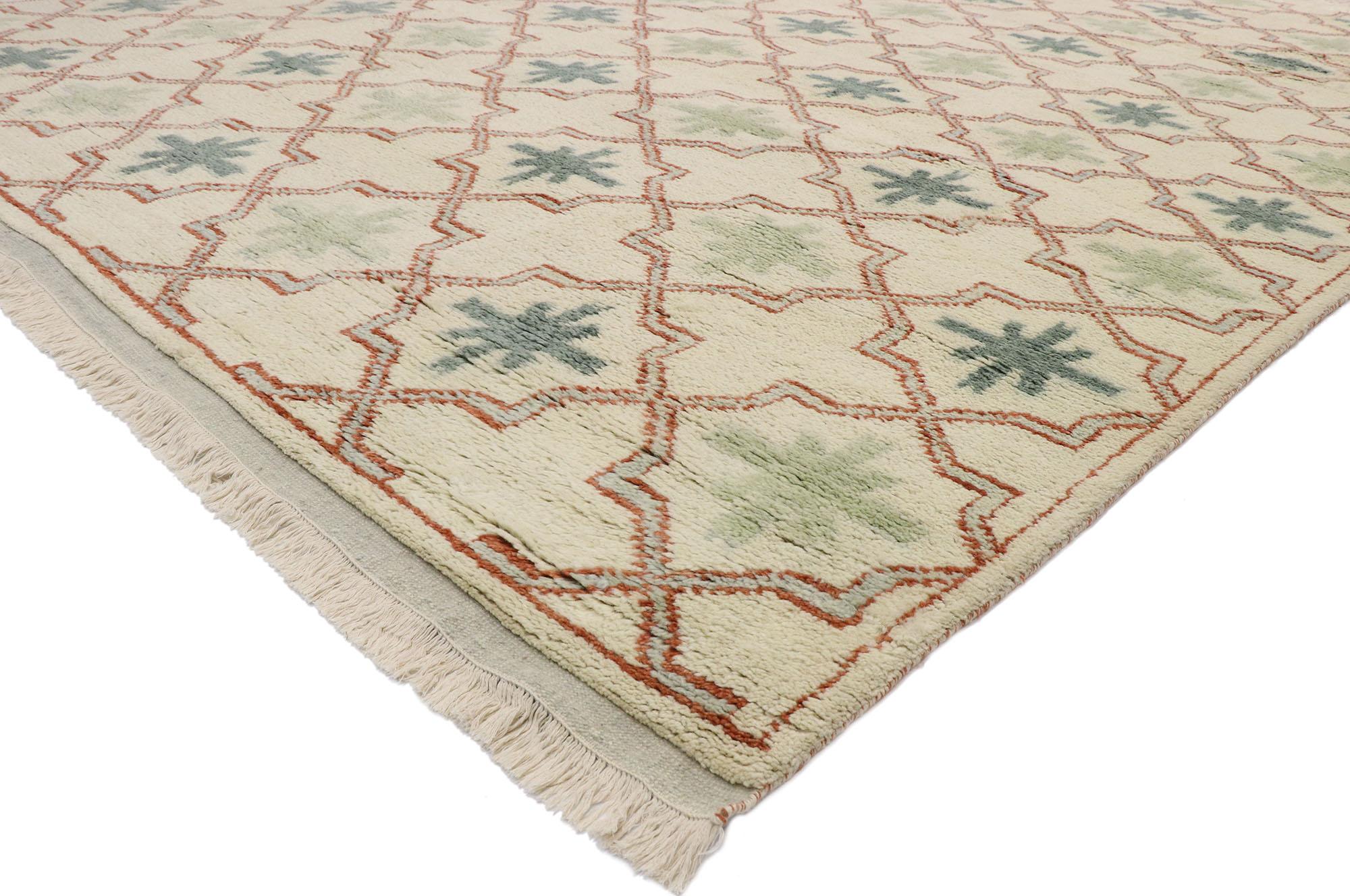 30576 new contemporary Moroccan rug with modern Mediterranean style. This hand knotted wool new contemporary Moroccan rug features an all-over tessellated pattern spread across an abrashed vanilla field. The pattern is comprised of cross-shaped
