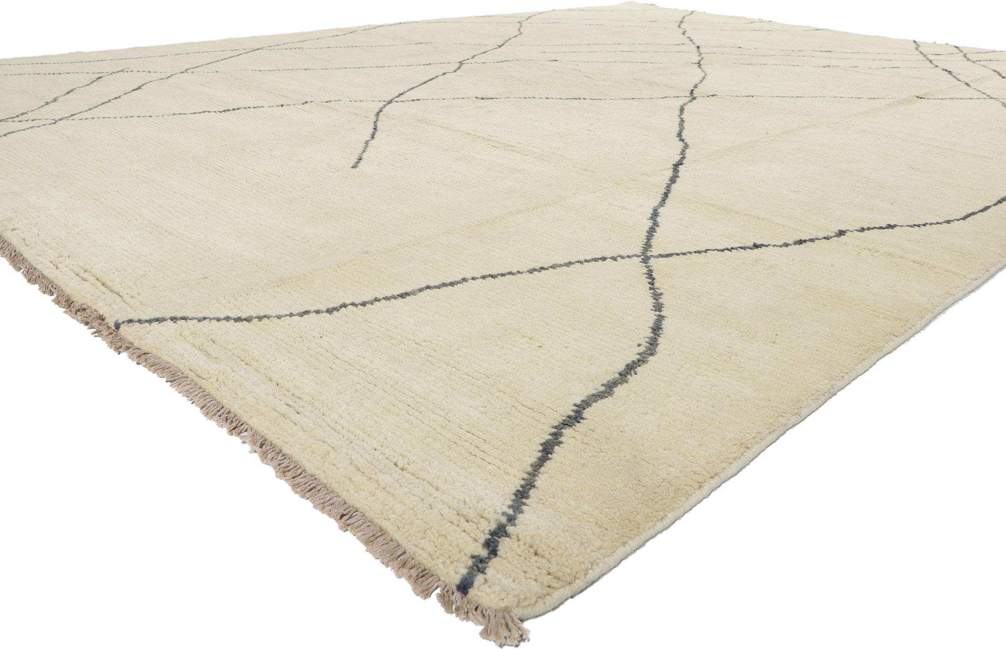 80698 New Contemporary Moroccan Rug with Modern Style 09'07 x 13'01. With its simplicity, incredible detail and texture, this hand knotted wool contemporary Moroccan rug is a captivating vision of woven beauty. The abrashed beige field features a