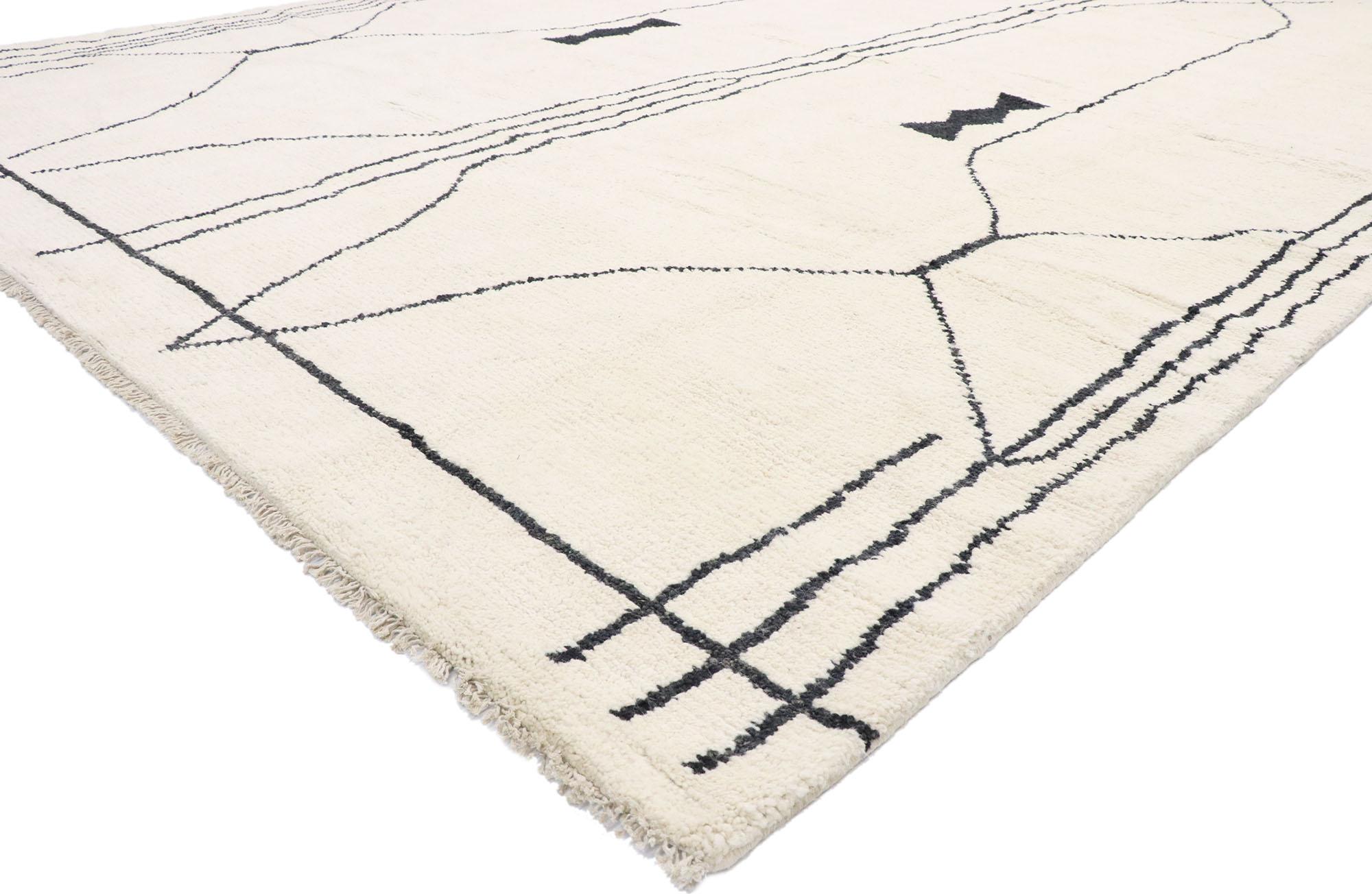 80648, new contemporary Moroccan rug with Modern Tribal style. This hand knotted wool contemporary Moroccan area rug with line art design and tribal style features contrasting black lines running the length of the ivory backdrop and dotted with two