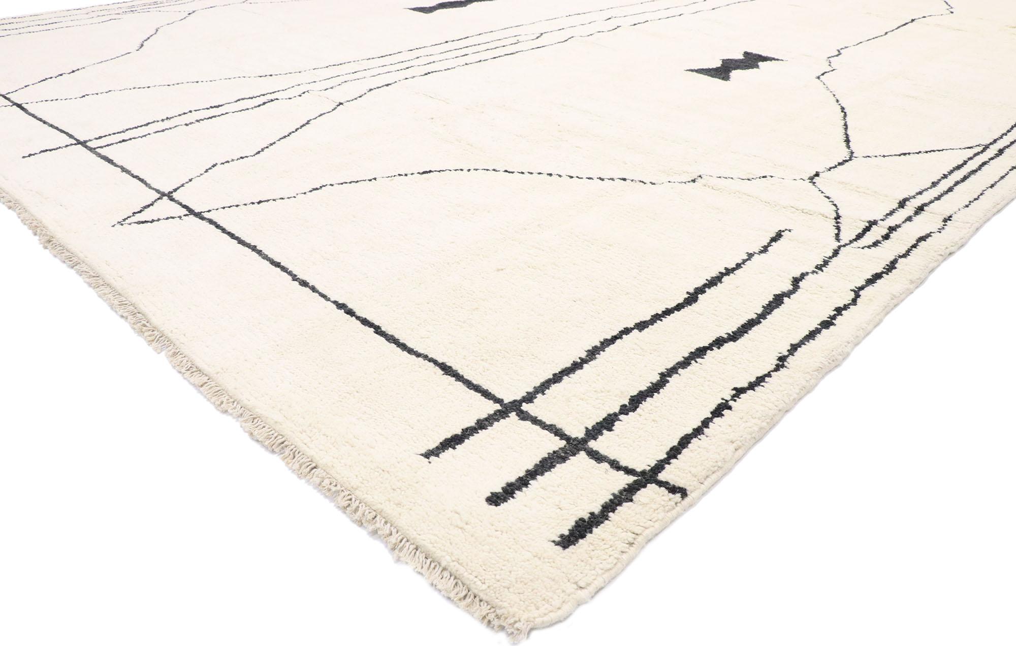 80640 new contemporary Moroccan rug with Modern Tribal style. This hand knotted wool contemporary Moroccan area rug with line art design and tribal style features contrasting black lines running the length of the ivory backdrop and dotted with two