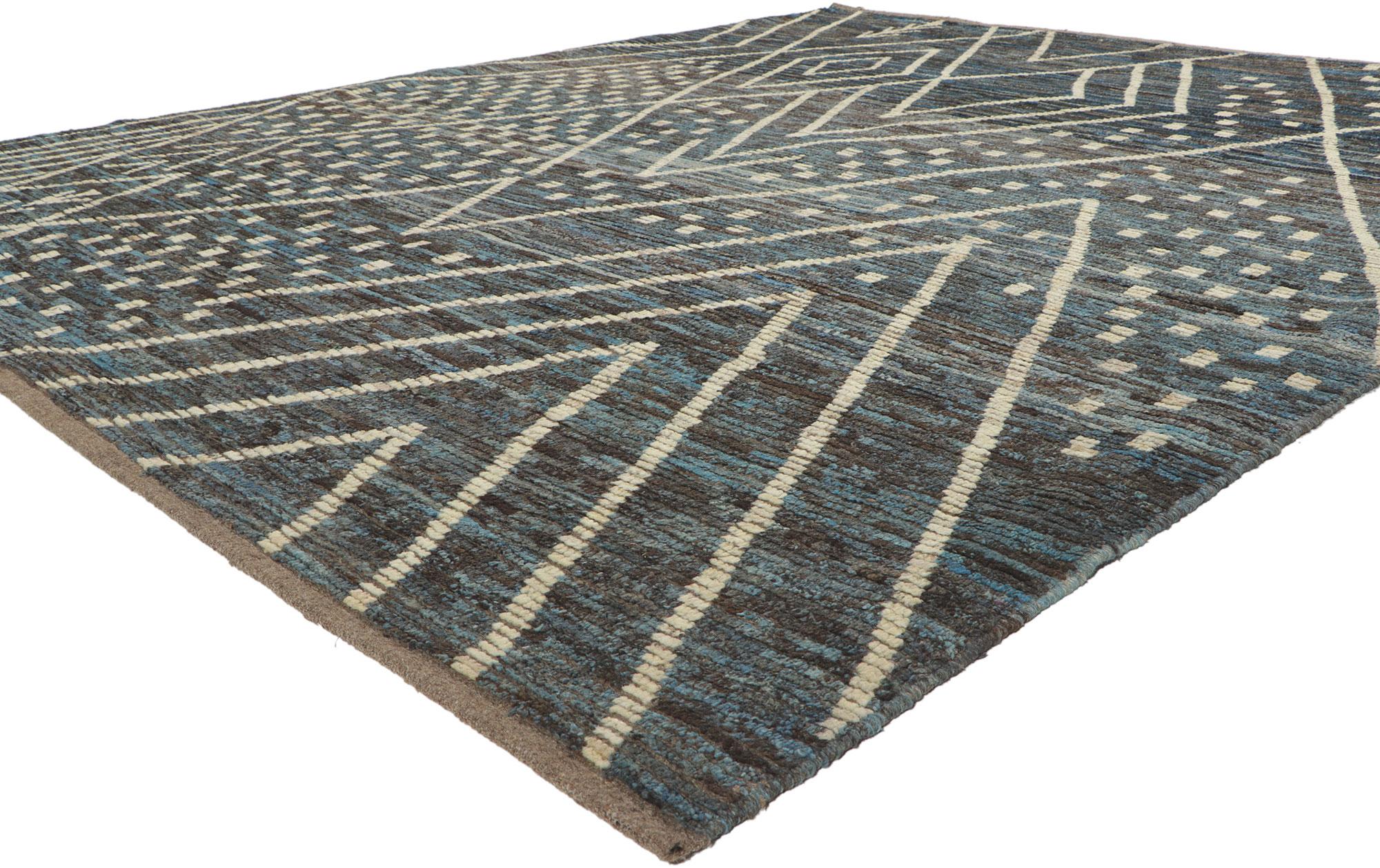 80796 New Contemporary Moroccan Rug with Modern Tribal Style, 08'02 x 10'02. Rendered in variegated shades of dark coffee, cerulean, brown, blue, taupe, glaucous, and beige with other accent colors.