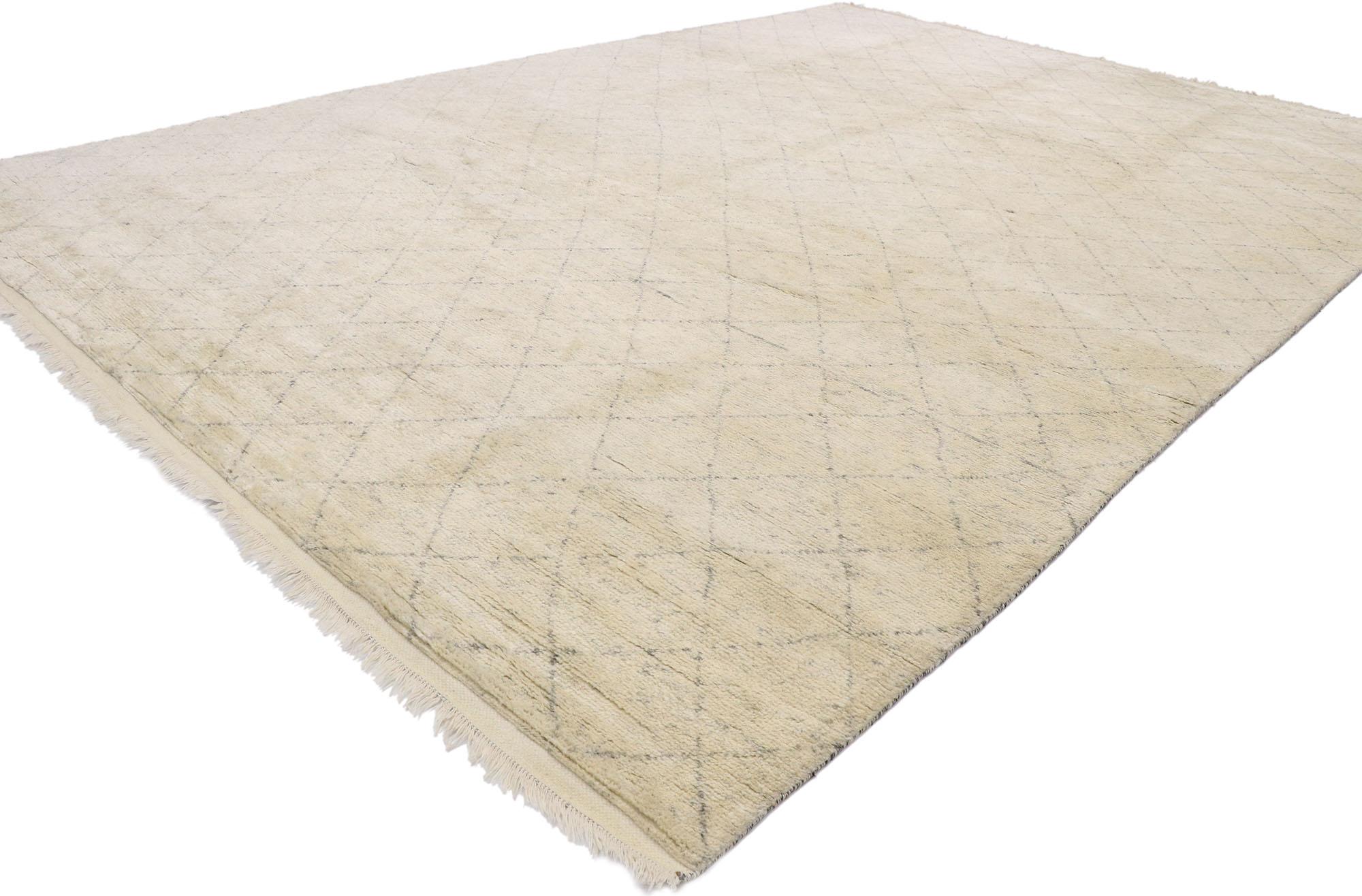 30581 Neutral Moroccan Rug with Organic Modern Style, 09'11 x 14'03.
Reflecting elements of Shibui and Organic Modern style, this hand knotted wool Moroccan rug emanates ultra cozy. The simple diamond silhouette and neutral colors woven into this