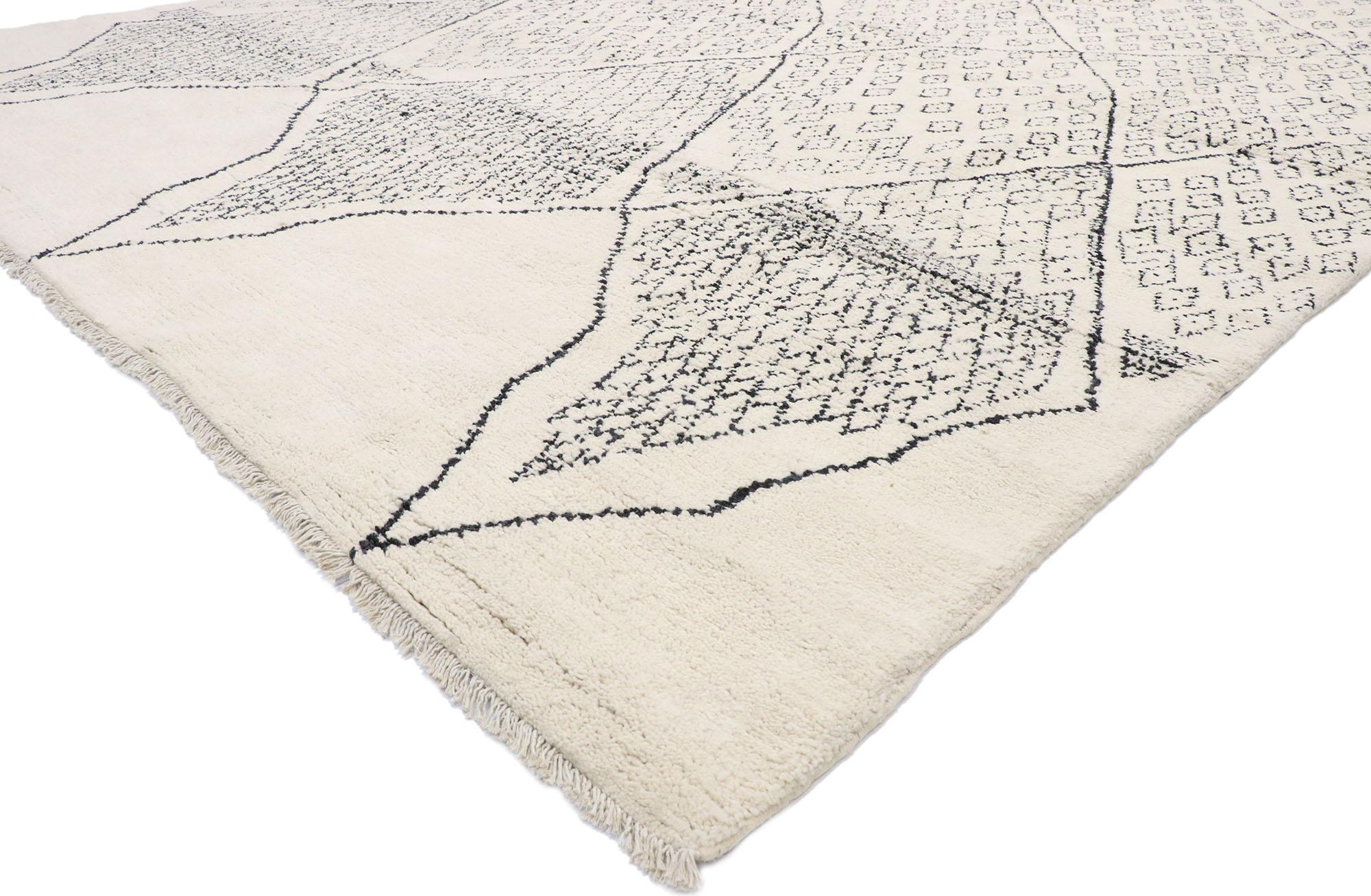 80651, new contemporary Moroccan rug with Scandinavian Mys Bohemian style. Beautiful detail and Scandinavian Mys vibes with incredible texture inspire a cozy Hygge lifestyle in this hand knotted wool contemporary Moroccan rug. The ivory-beige field