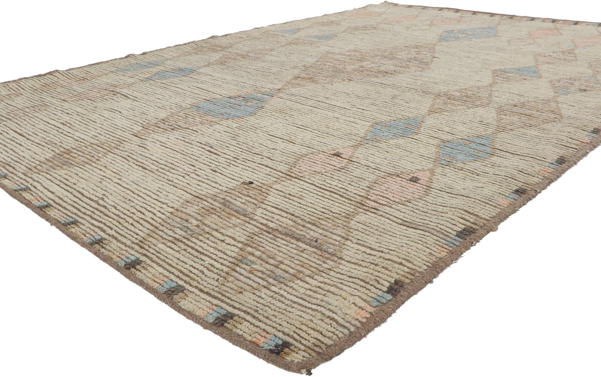 80788 New Contemporary Moroccan rug with Short Pile, 06'06 x 09'08. With its simplicity, incredible detail and texture, this hand knotted wool contemporary Moroccan rug is a captivating vision of woven beauty. The eye-catching geometric pattern and