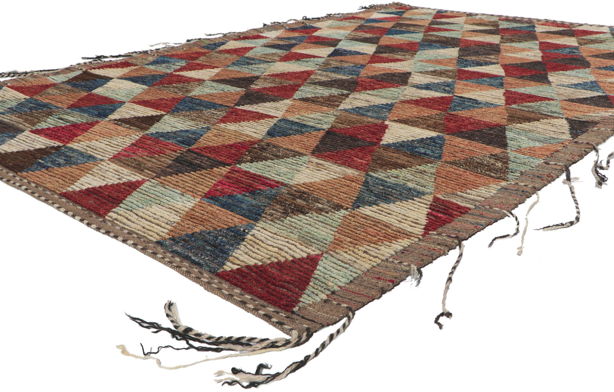 80787 New Contemporary Moroccan rug with short pile 06'01 x 09'01. ?With its nomadic charm, incredible detail and texture, this hand knotted wool contemporary Moroccan rug is a captivating vision of woven beauty. The eye-catching quilt-like