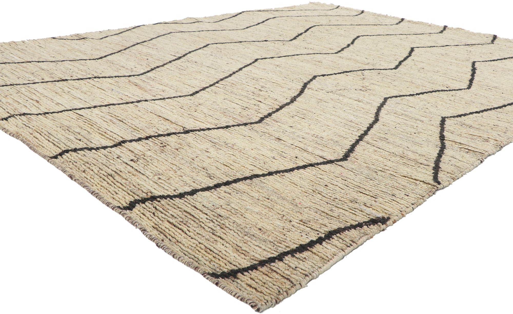 80820 Modern Earth-Tone Moroccan Rug, 06'07 x 08'09. Presenting a fusion of Midcentury Modern finesse and Shibui subtlety, this hand-knotted wool Moroccan style rug unveils a bewitching canvas of design. Embark on a journey into the enchanting realm