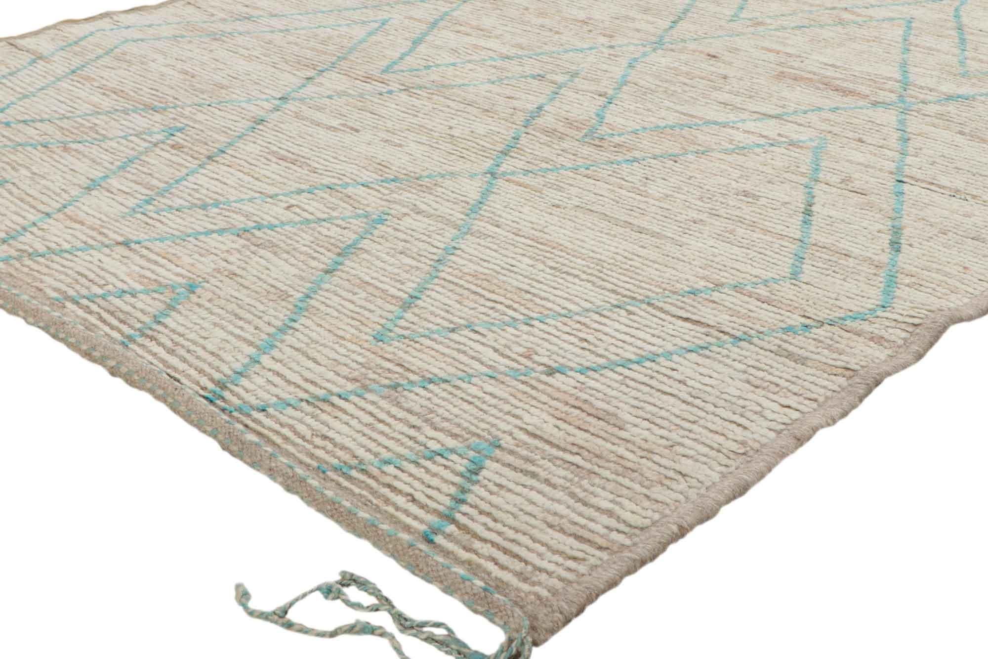 80783 New Moroccan rug with Short Pile 05'00 x 06'08. With its simplicity, incredible detail and texture, this hand knotted wool contemporary Moroccan rug is a captivating vision of woven beauty. The eye-catching geometric pattern and soft colors