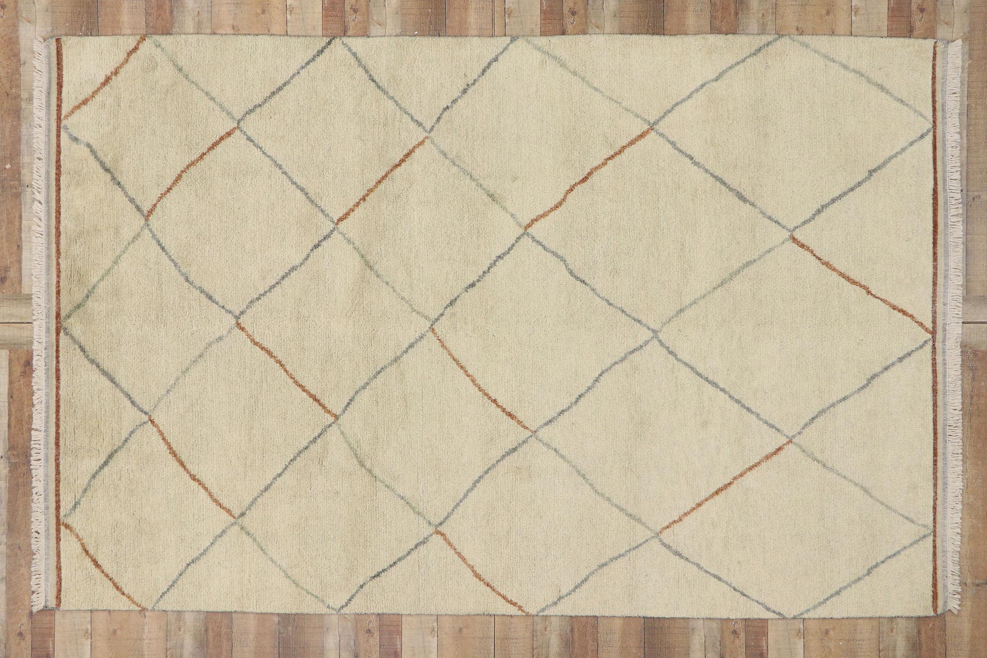 30588 New Contemporary Moroccan rug with Warm Minimalist style. This hand knotted wool new contemporary Moroccan rug features an all-over diamond lattice pattern spread across an abrashed ecru field. The lines of this piece gently cross one another