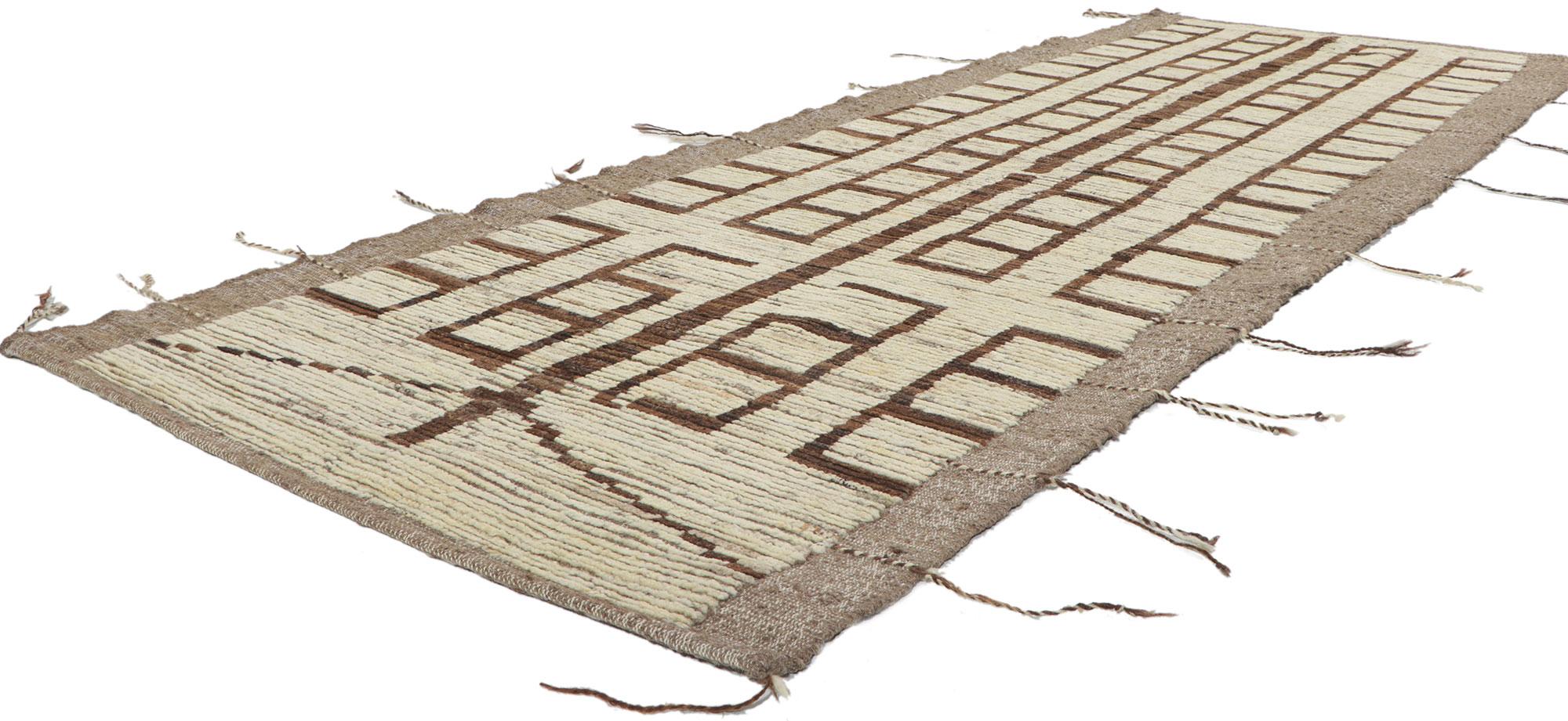 80766 new Contemporary Moroccan Runner with Bauhaus style, 03'04 x 09'04. With its subtle graphic appeal, incredible detail and texture, this hand knotted wool contemporary Moroccan runner is a captivating vision of woven beauty. The tribal pattern