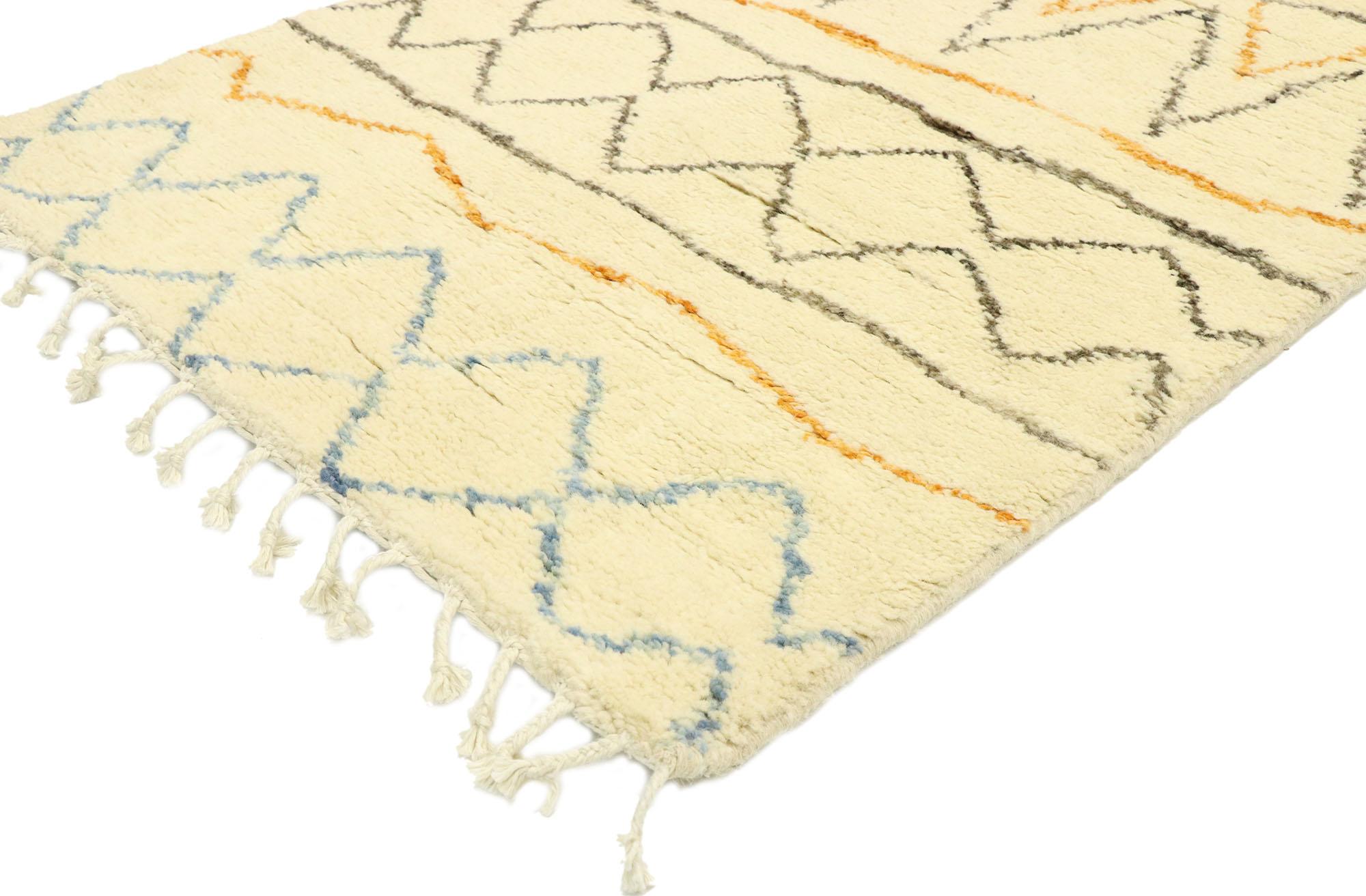 80607, new contemporary Moroccan runner with cozy boho chic tribal style. Softer yet no less striking, this hand knotted wool contemporary Moroccan runner embodies cozy boho chic tribal style with hygge vibes. The Moroccan style hallway runner