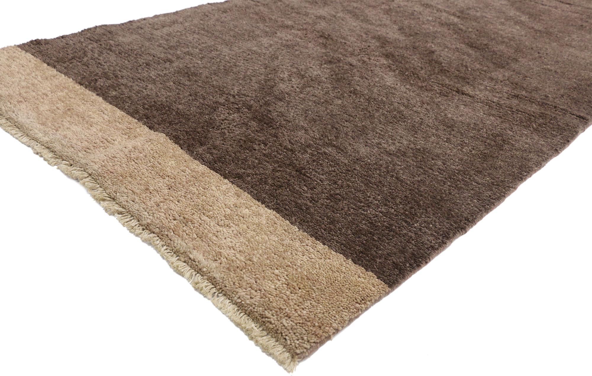 80504 New Contemporary Moroccan Runner with Minimalist Shaker Style. This hand knotted wool contemporary Moroccan runner features a solid abrashed brown field finished with a wide ecru colored band at either end. The warm colors beautifully meld