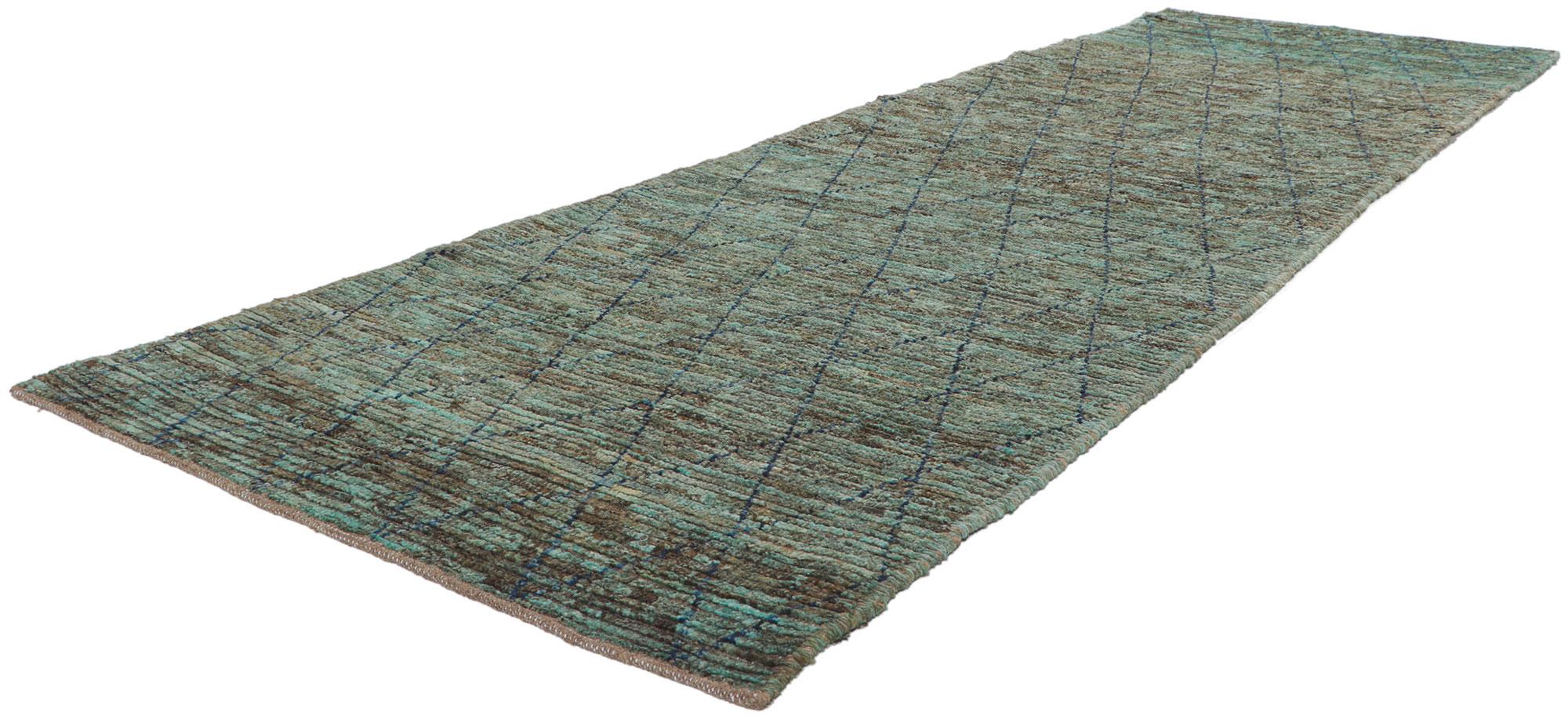 80762 New Contemporary Moroccan runner with Short Pile, 02'10 x 09'06. With its bohemian style, incredible detail and texture, this hand knotted wool contemporary Moroccan runner is a captivating vision of woven beauty. The tribal pattern and earthy