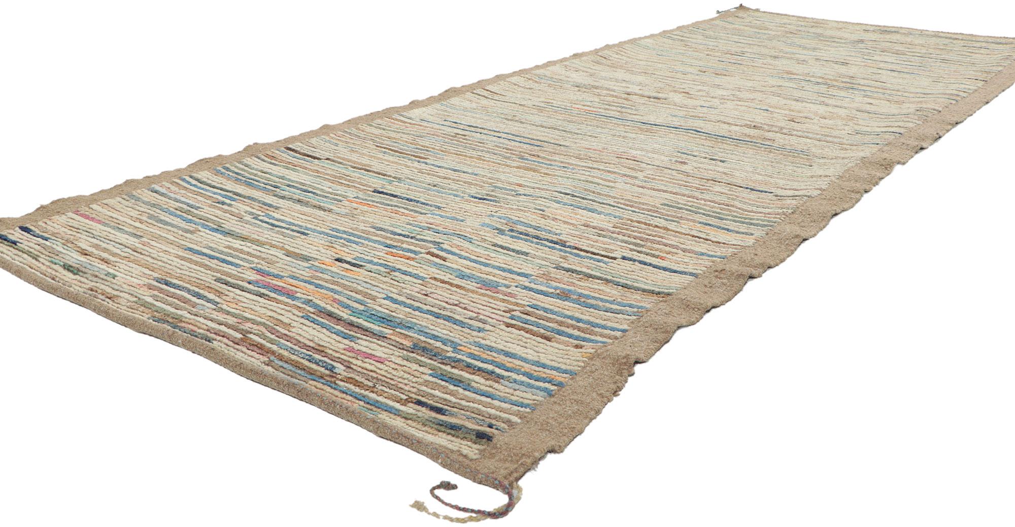 80759 New Contemporary Moroccan runner with Modern Style, 03'05 x 09'03. With its subtle graphic appeal, incredible detail and texture, this hand knotted wool contemporary Moroccan runner is a captivating vision of woven beauty. The modernistic