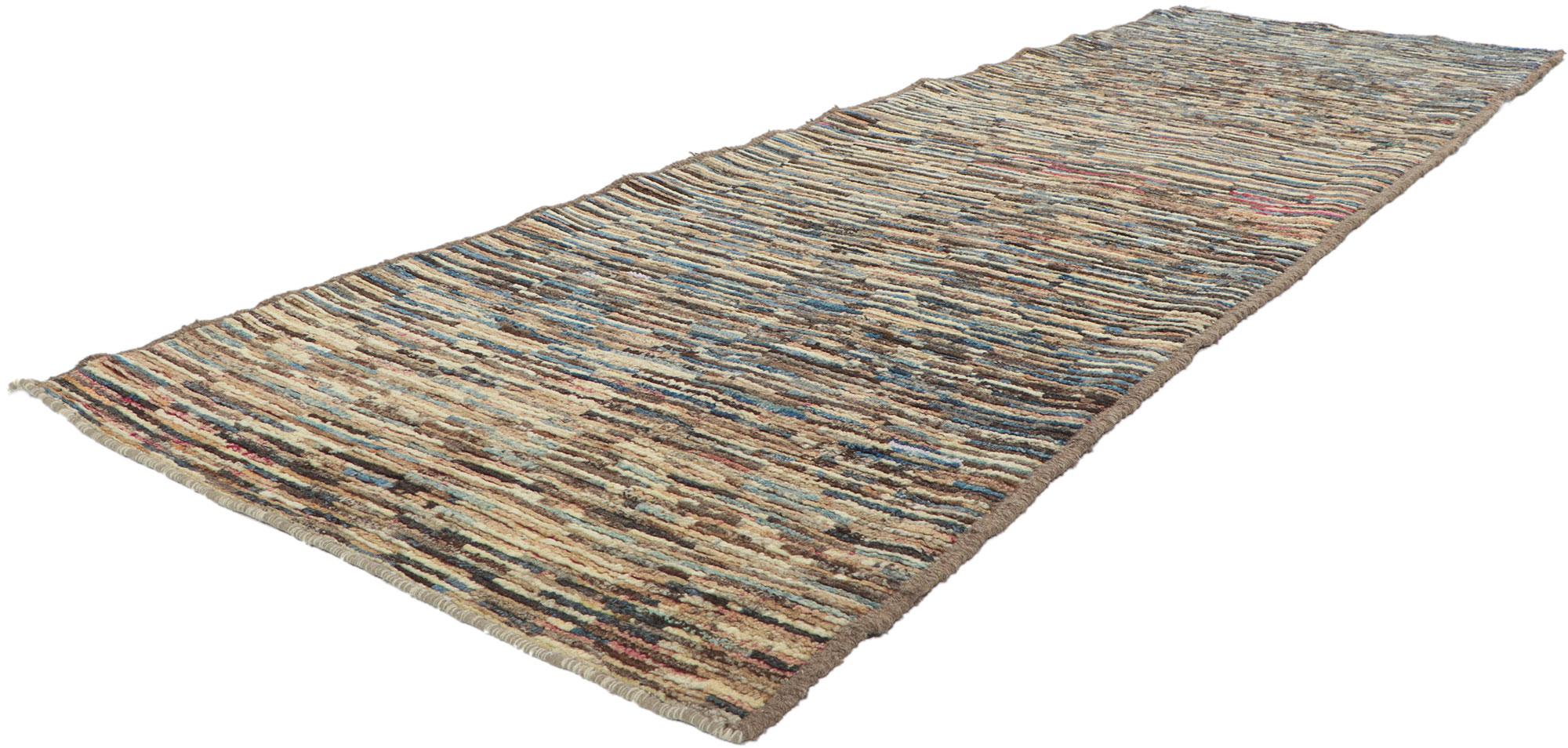 80756 New Contemporary Moroccan runner with Modern Style, 02'10 x 09'07. With its subtle graphic appeal, incredible detail and texture, this hand knotted wool contemporary Moroccan runner is a captivating vision of woven beauty. The modernistic