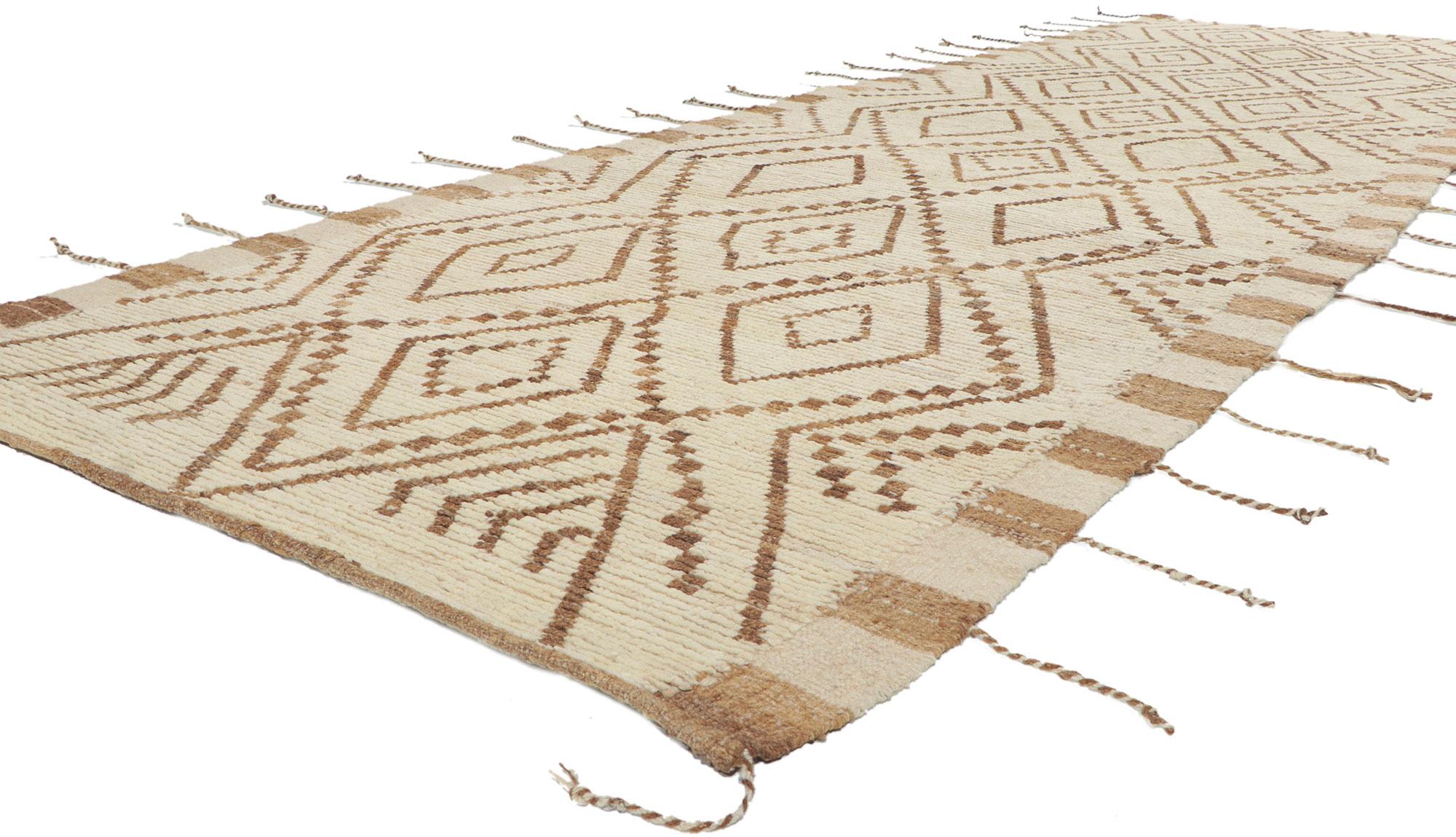80779 new Contemporary Moroccan Runner, 04'10 x 15'04. With its subtle graphic appeal, incredible detail and texture, this hand knotted wool contemporary Moroccan runner is a captivating vision of woven beauty. The tribal pattern and earthy colorway
