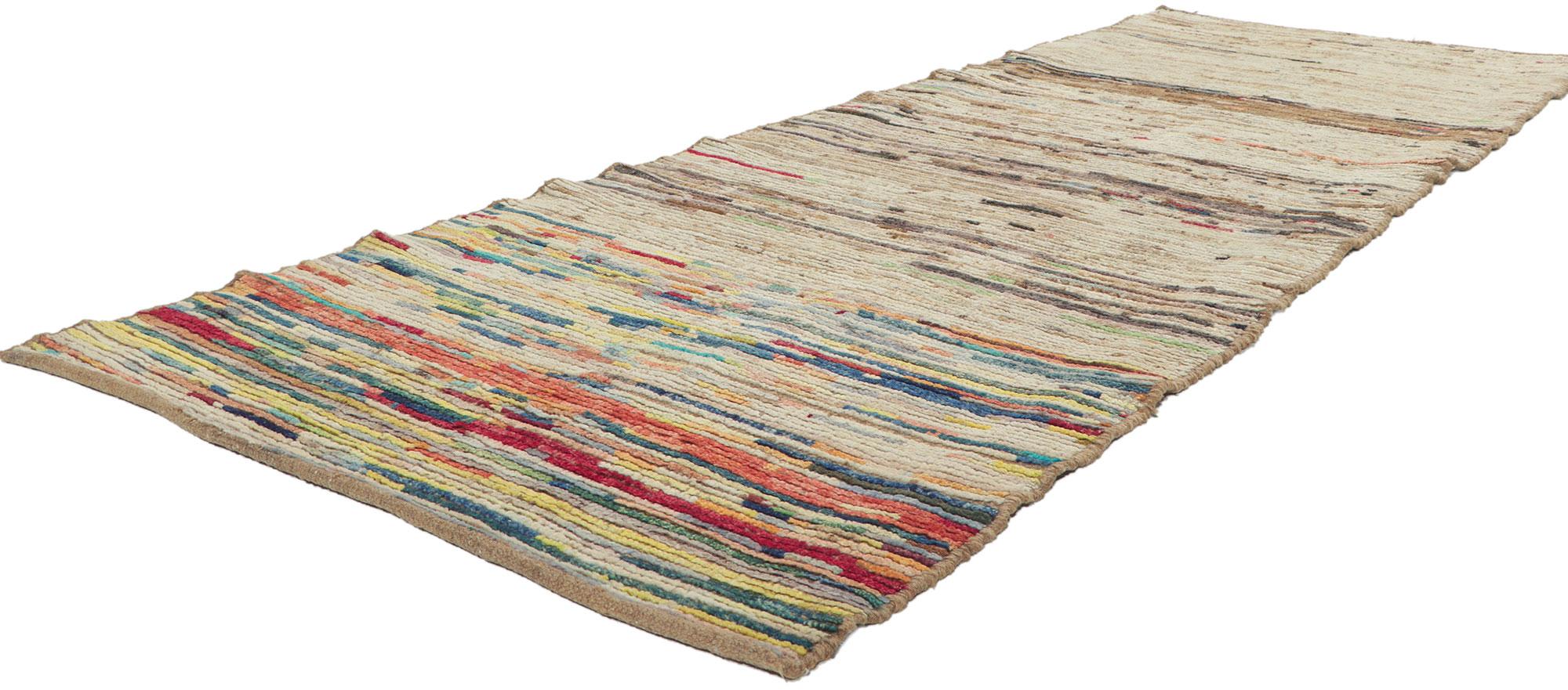 80758 New Contemporary Moroccan Runner with Modern Tribal Style, 03'02 x 09'00. With its striking graphic appeal, incredible detail and texture, this hand knotted wool contemporary Moroccan runner is a captivating vision of woven beauty. The