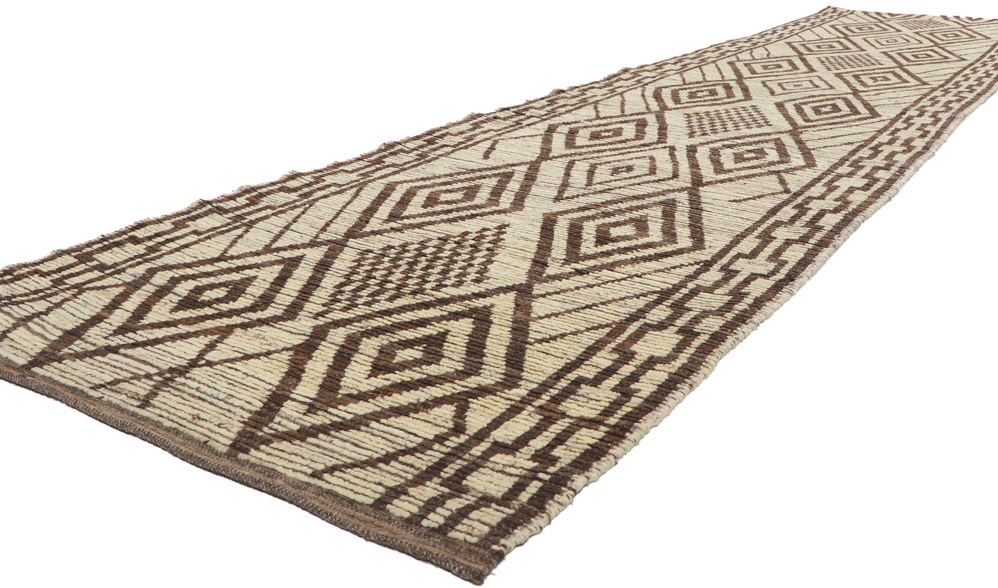 80778 New Contemporary Moroccan Runner with short pile, 03'07 x 15'10. With its nomadic charm, incredible detail and texture, this hand knotted wool contemporary Moroccan runner is a captivating vision of woven beauty. The tribal pattern and earthy