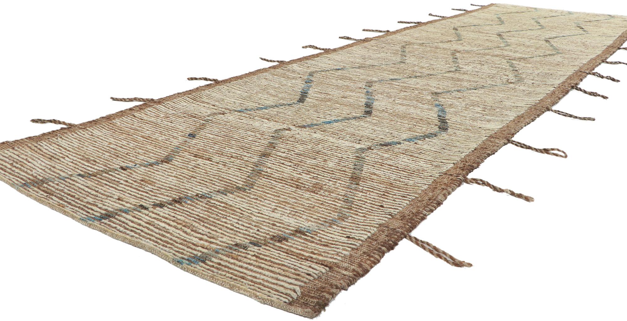 80776 New Contemporary Moroccan runner, 03'06 x 12'05. With its modern style, incredible detail and texture, this hand knotted wool contemporary Moroccan runner is a captivating vision of woven beauty. The tribal pattern and earthy colorway woven