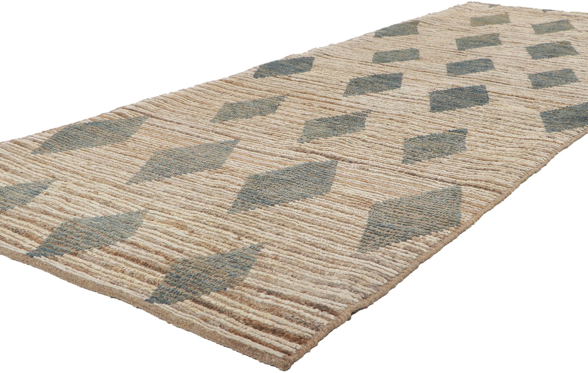 80763 New Contemporary Moroccan runner with Short Pile, 03'04 x 09'00. With its bohemian style, incredible detail and texture, this hand knotted wool contemporary Moroccan runner is a captivating vision of woven beauty. The diamond pattern and
