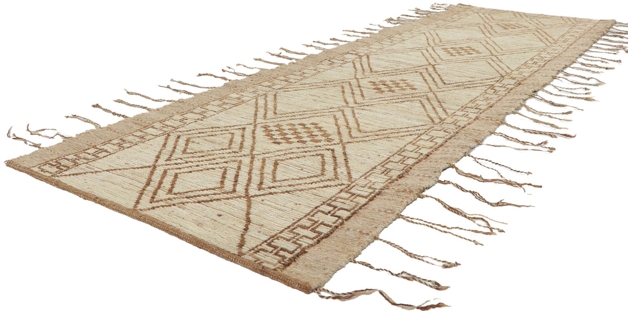 ?80761 new Contemporary Moroccan Runner with short pile, 02'10 x 09'04. With its nomadic charm, incredible detail and texture, this hand knotted wool contemporary Moroccan runner is a captivating vision of woven beauty. The tribal pattern and earthy