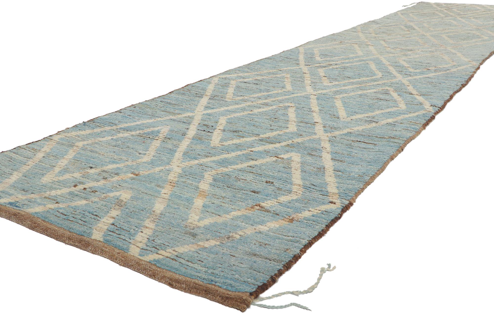 80773 New Contemporary Moroccan Runner, 03'04 x 16'03. With its nomadic charm, incredible detail and texture, this hand knotted wool contemporary Moroccan runner is a captivating vision of woven beauty. The tribal pattern and earthy colorway woven