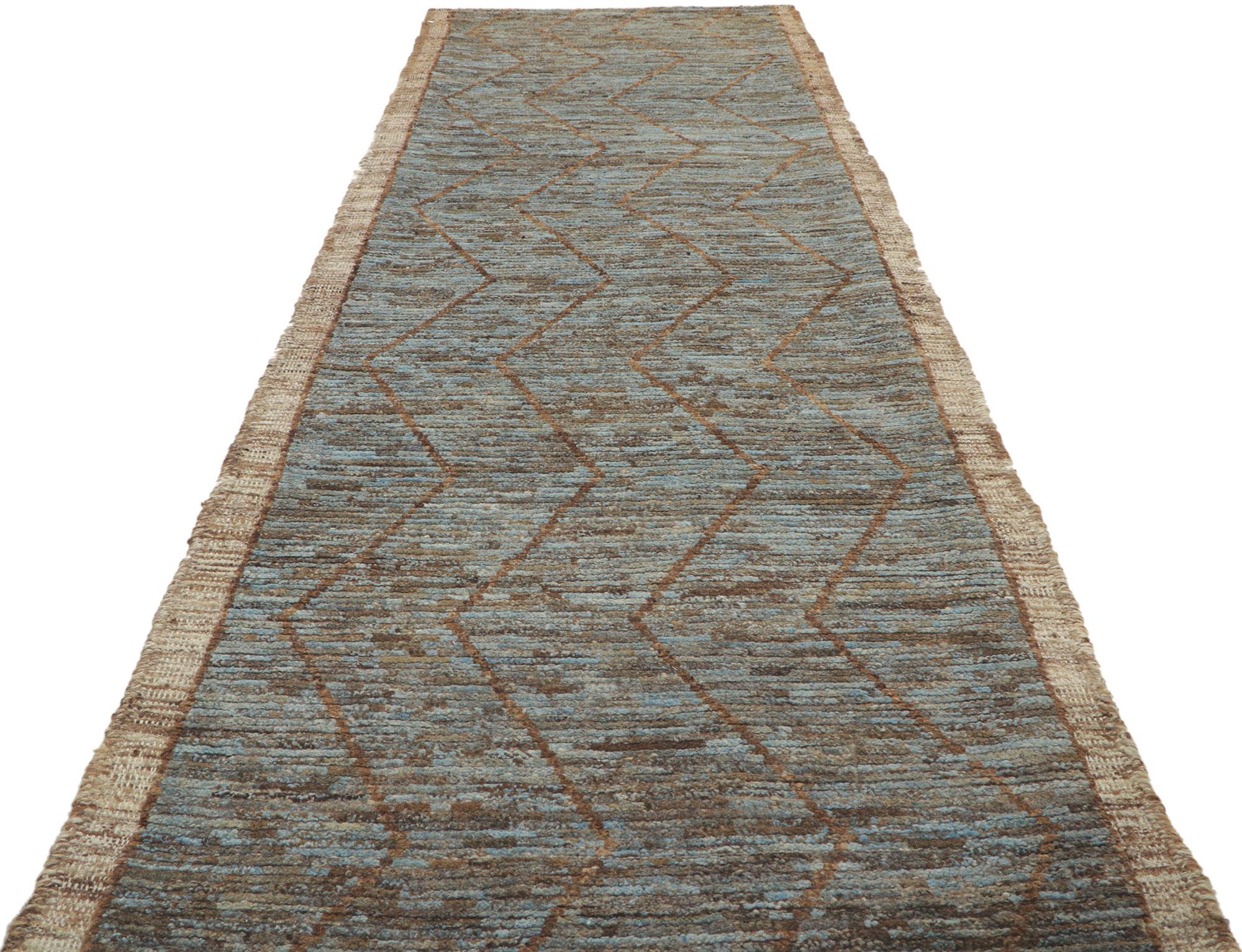 Hand-Knotted New Contemporary Moroccan Runner with Short Pile