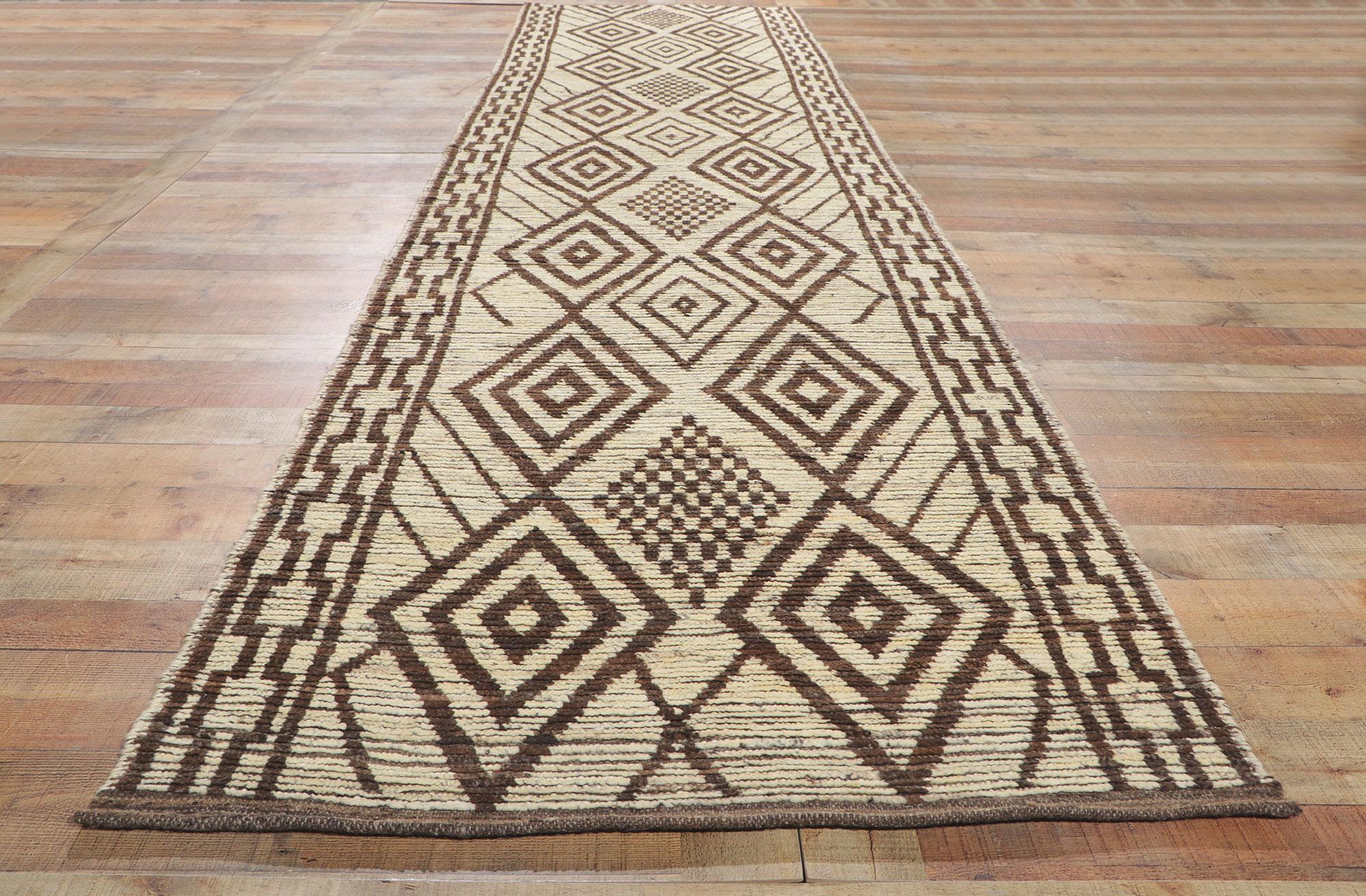 Wool New Contemporary Moroccan Runner with Short Pile For Sale