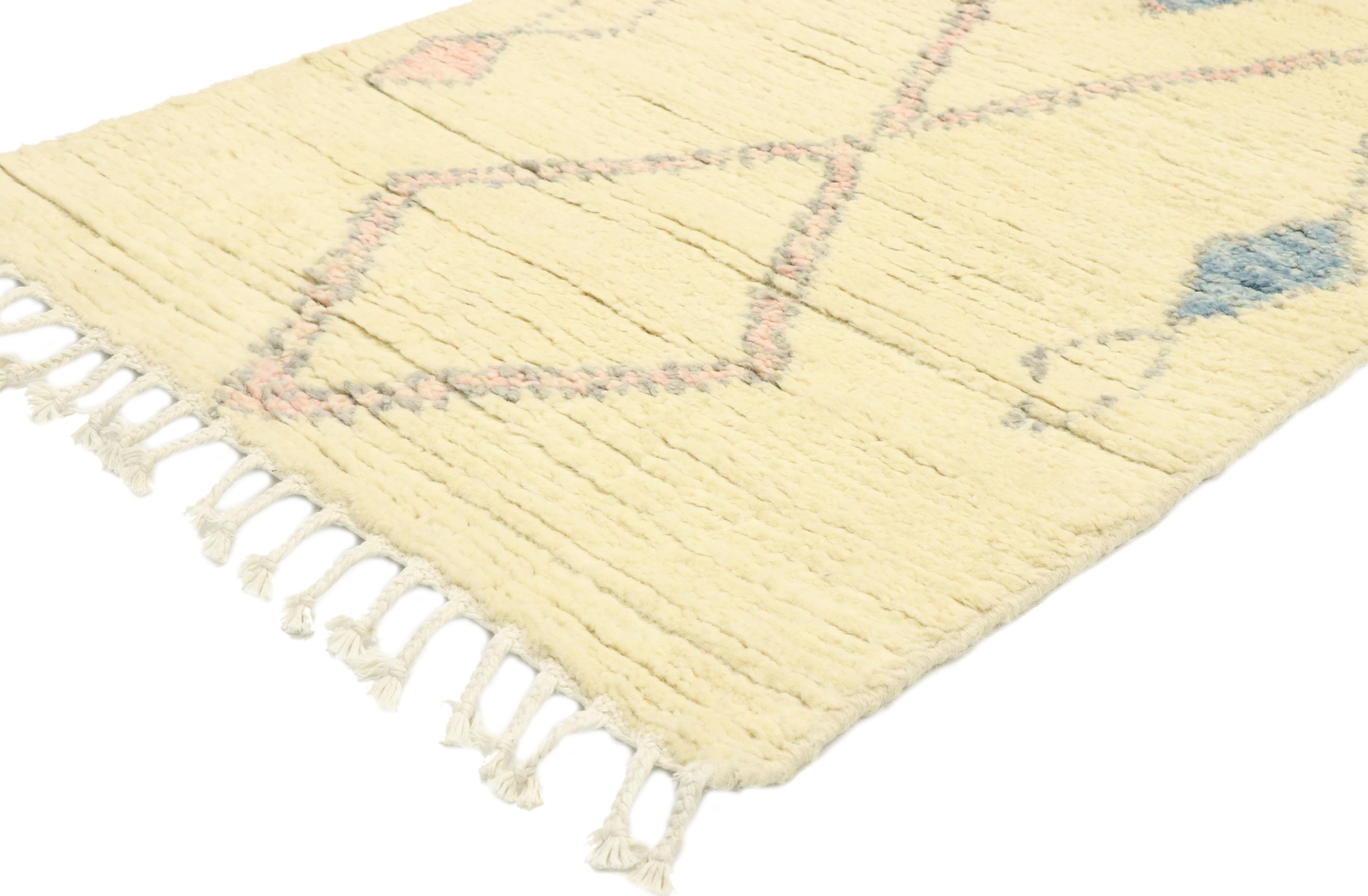 80608, new contemporary Moroccan Shag Hallway runner with Bohemian Tribal style. Softer yet no less striking, this hand knotted wool contemporary Moroccan runner embodies cozy boho chic tribal style with hygge vibes. The abrashed beige field