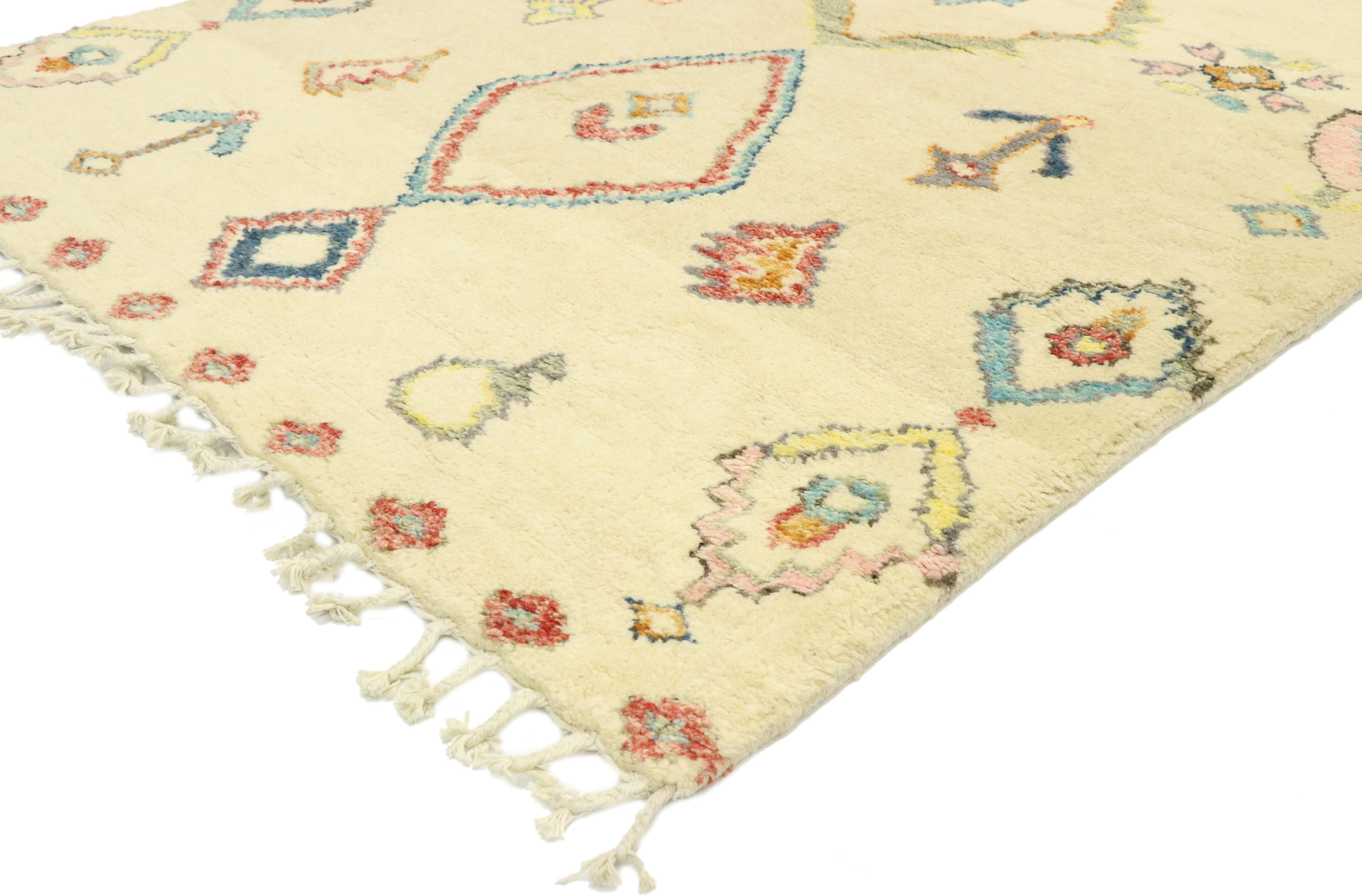 80620 Colorful Bohemian Moroccan Rug Runner, 04'00 x 12'02. 
Cozy Boho meets eclectic jungalow in this hand knotted wool colorful Moroccan rug. The whimsical diamond design and happy hues woven into this piece work creating an ultra cozy feeling