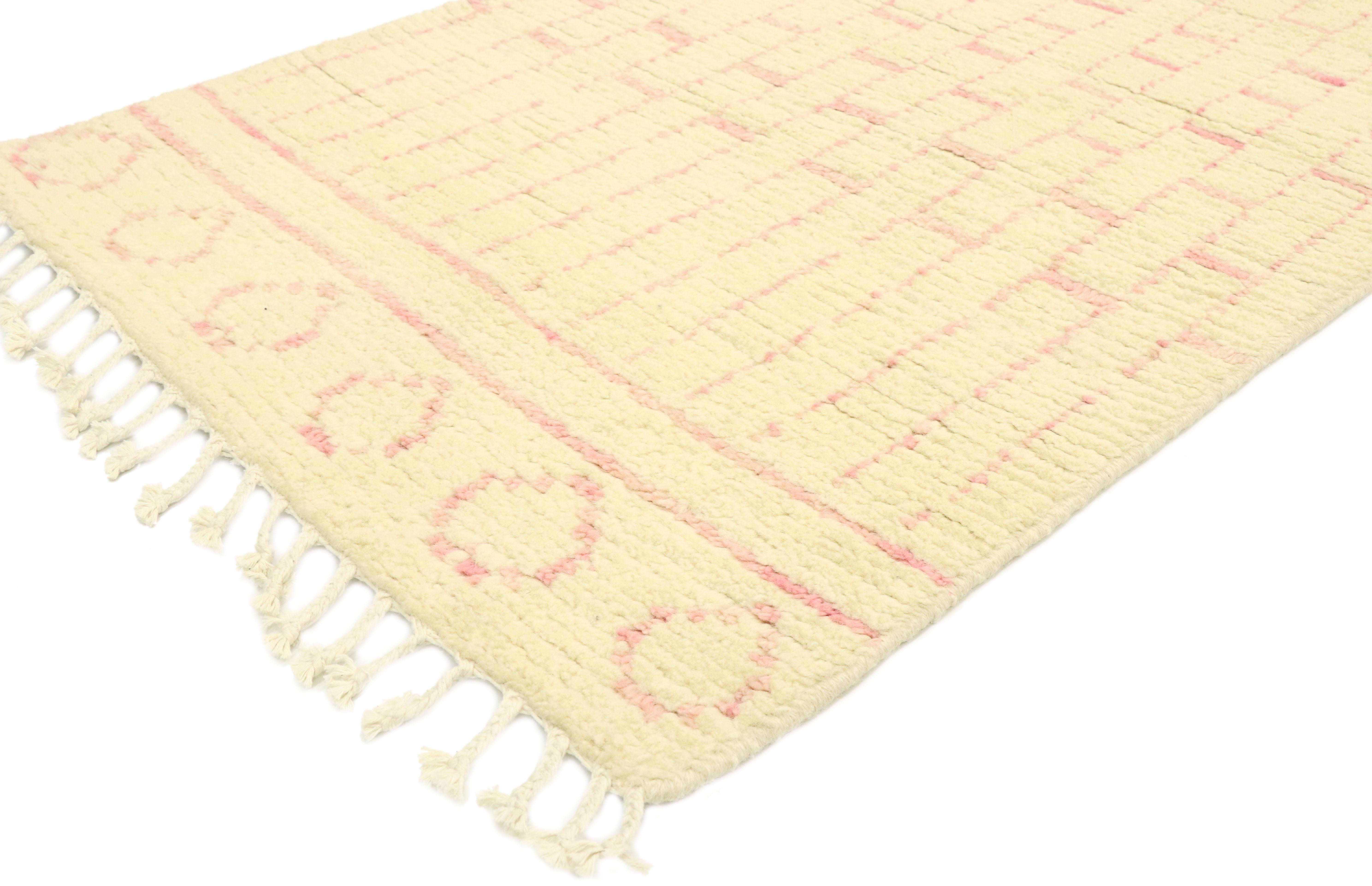 80606, new contemporary Moroccan Shag Hallway Runner with boho chic style. With its Hygge vibes, cozy contentment and plush pile, this hand knotted wool contemporary Moroccan shag hallway runner adds texture and subtle graphic appeal forming a warm,