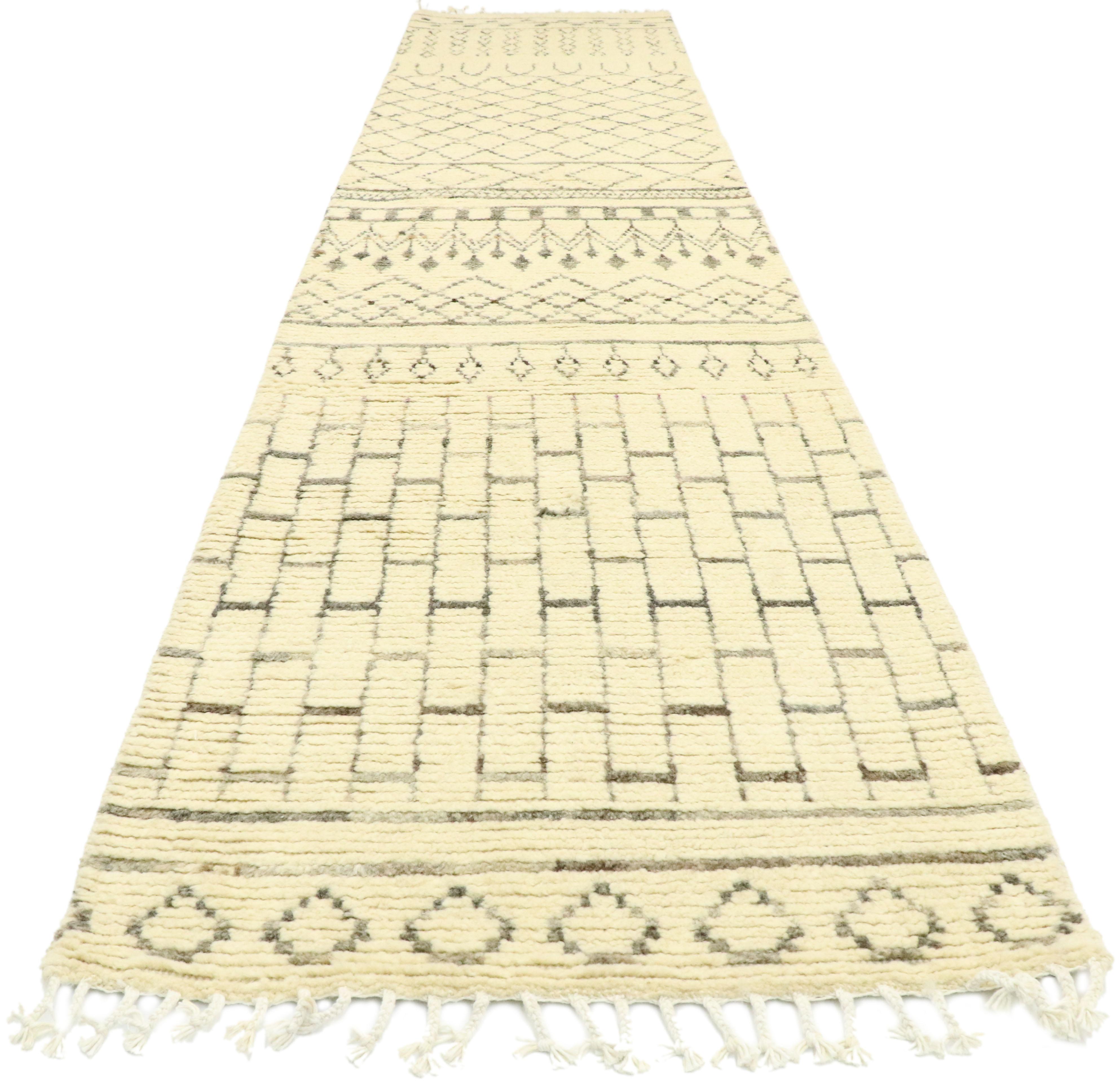 Pakistani Organic Modern Moroccan Rug Runner, Brutalist Style Meets Cozy Nomad For Sale