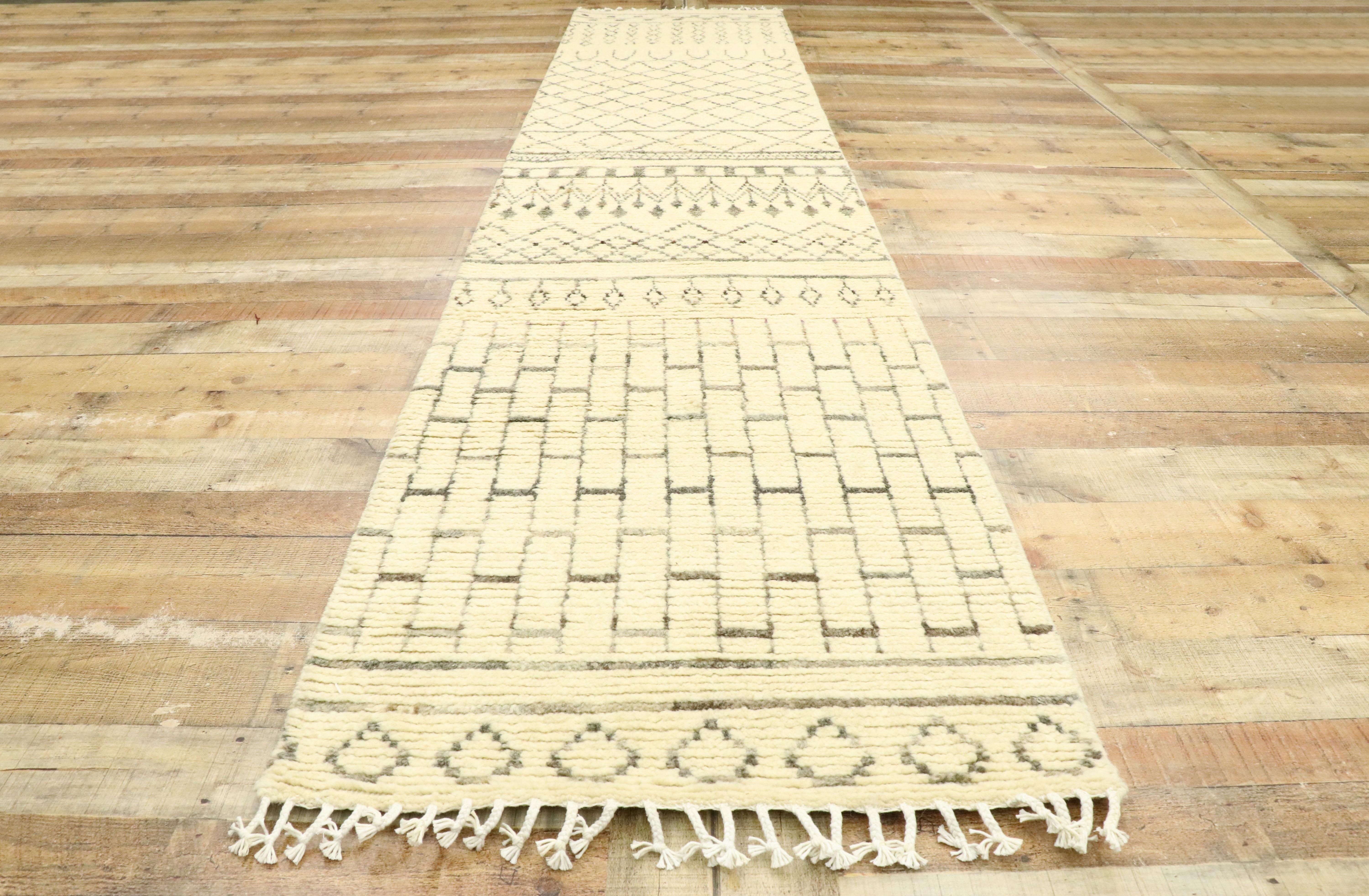 Wool Organic Modern Moroccan Rug Runner, Brutalist Style Meets Cozy Nomad For Sale