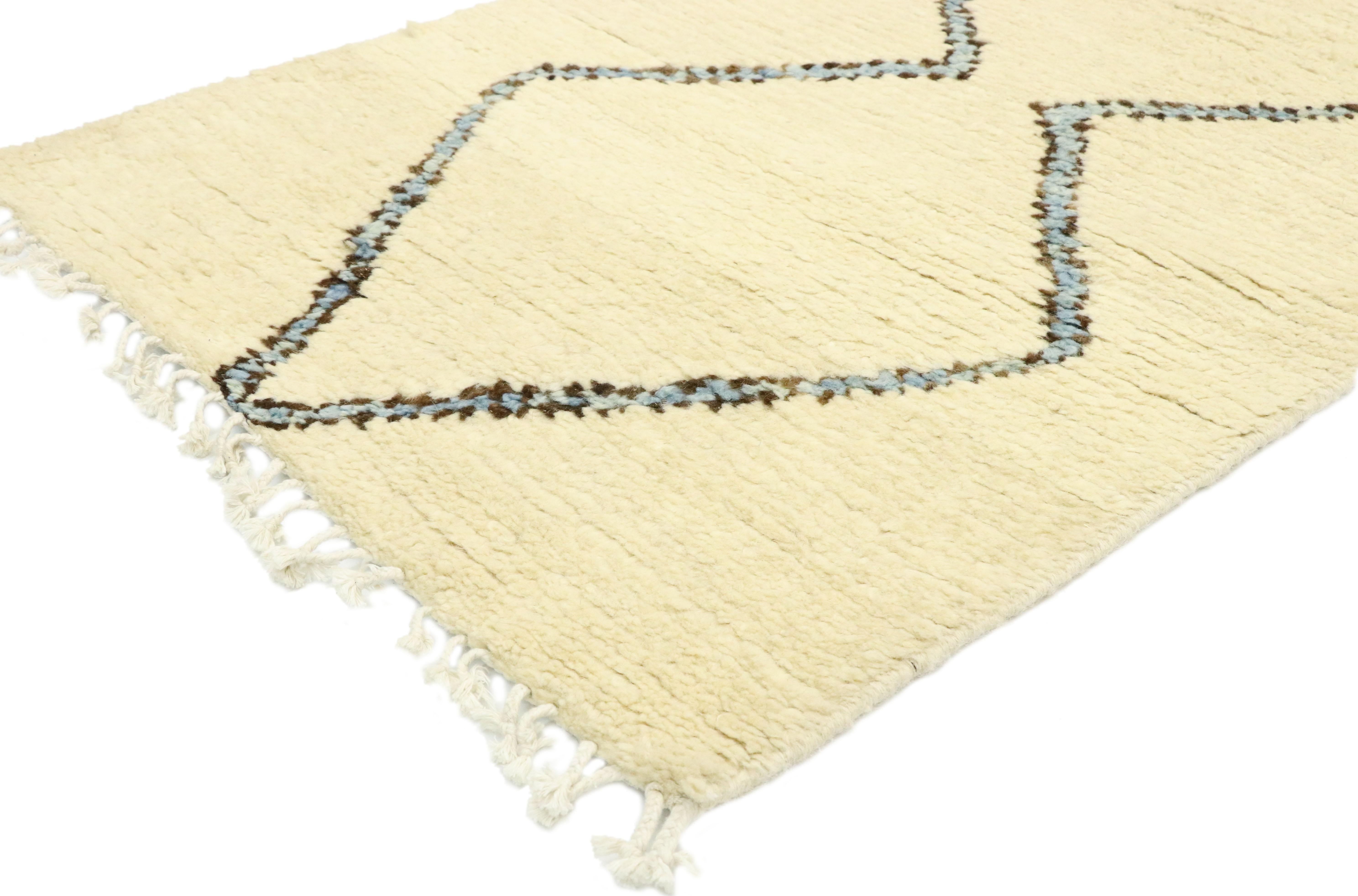 80612, new contemporary Moroccan Shag Hallway runner with Minimalist style. Softer yet no less striking, this hand knotted wool contemporary Moroccan runner embodies Minimalist style with hygge vibes. Simple zigzag lines come together forming