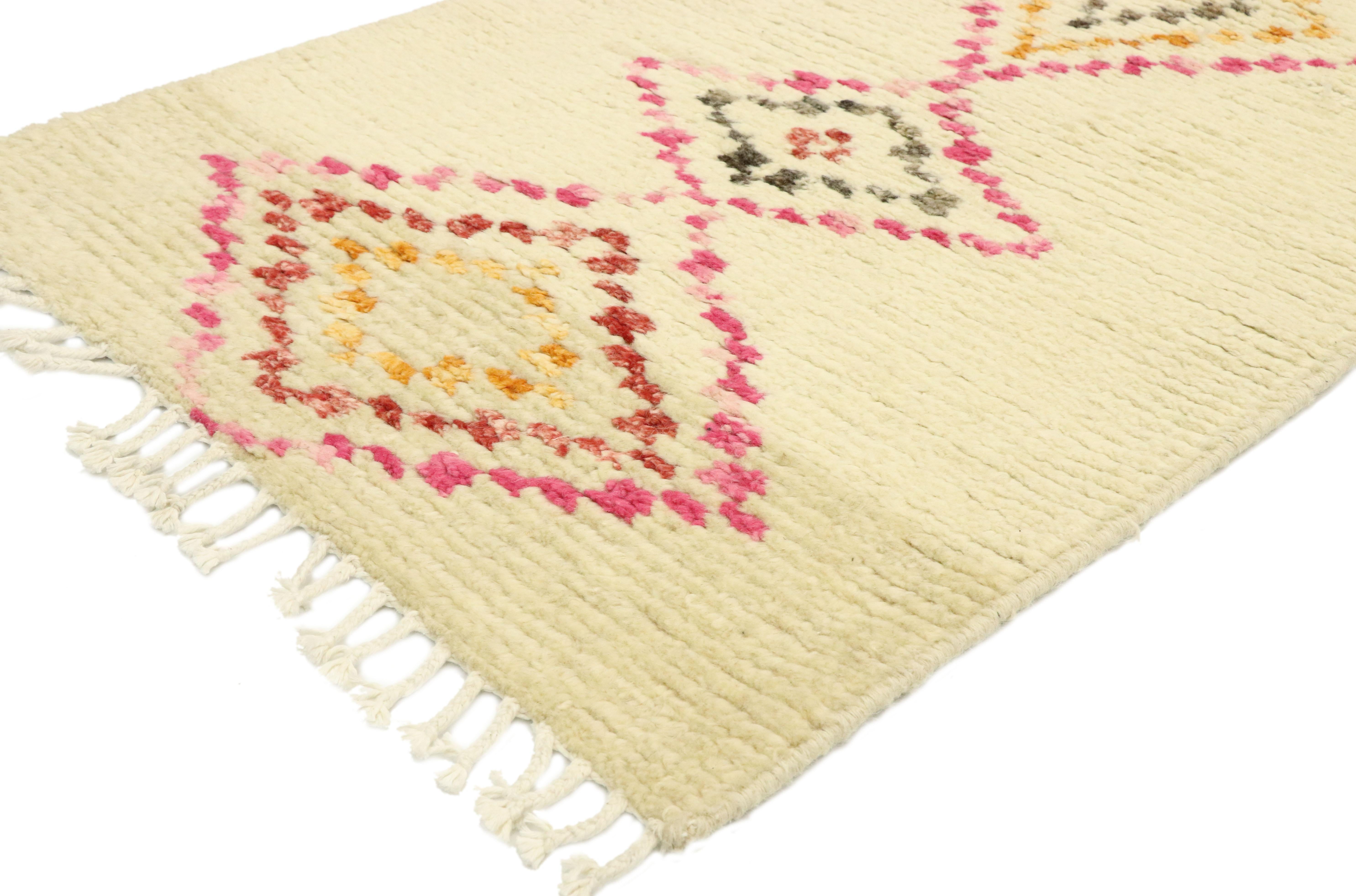 80609 Colorful Boho Moroccan Rug Runner, 02'06 x 12'01. 
Boho Jungalow meets Southwest Desert in this hand knotted wool colorful Moroccan rug. The intrinsic diamond design and happy hues woven into this piece work creating a modern yet cozy feeling.