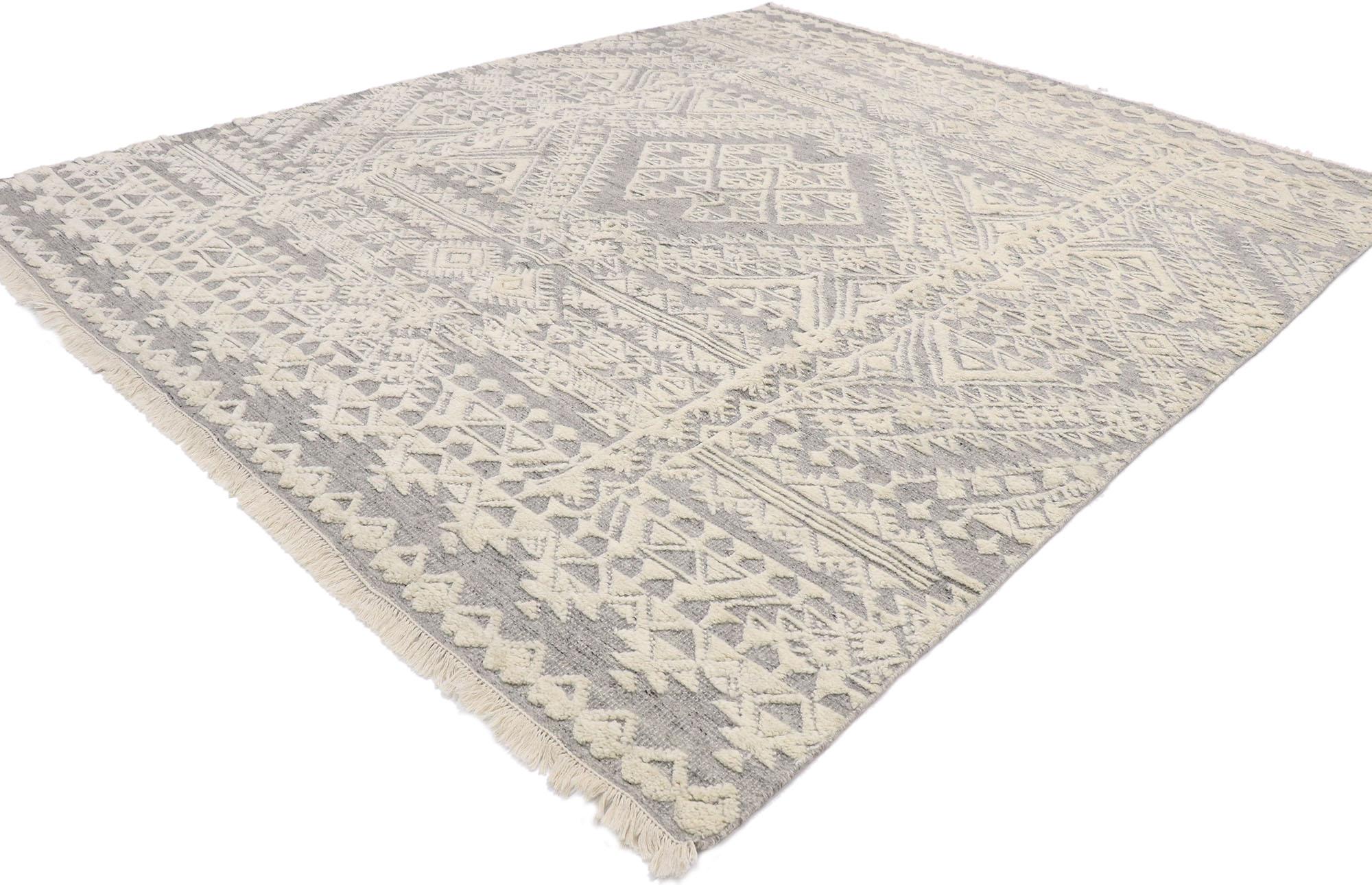 30557, new contemporary Moroccan Souf rug with Raised design and Modern style 09'10. This hand knotted wool new contemporary Moroccan Souf rug features a raised tribal pattern composed of diamonds, triangles, burdock motifs, serrated lozenges