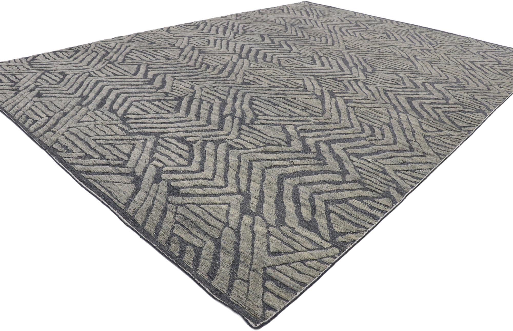 30583, new contemporary Moroccan Souf rug with Raised design and Modern style. This hand knotted wool new contemporary Moroccan style souf rug features a geometric pattern composed of stacked horizontal bands enclosed with expanding V-shapes on
