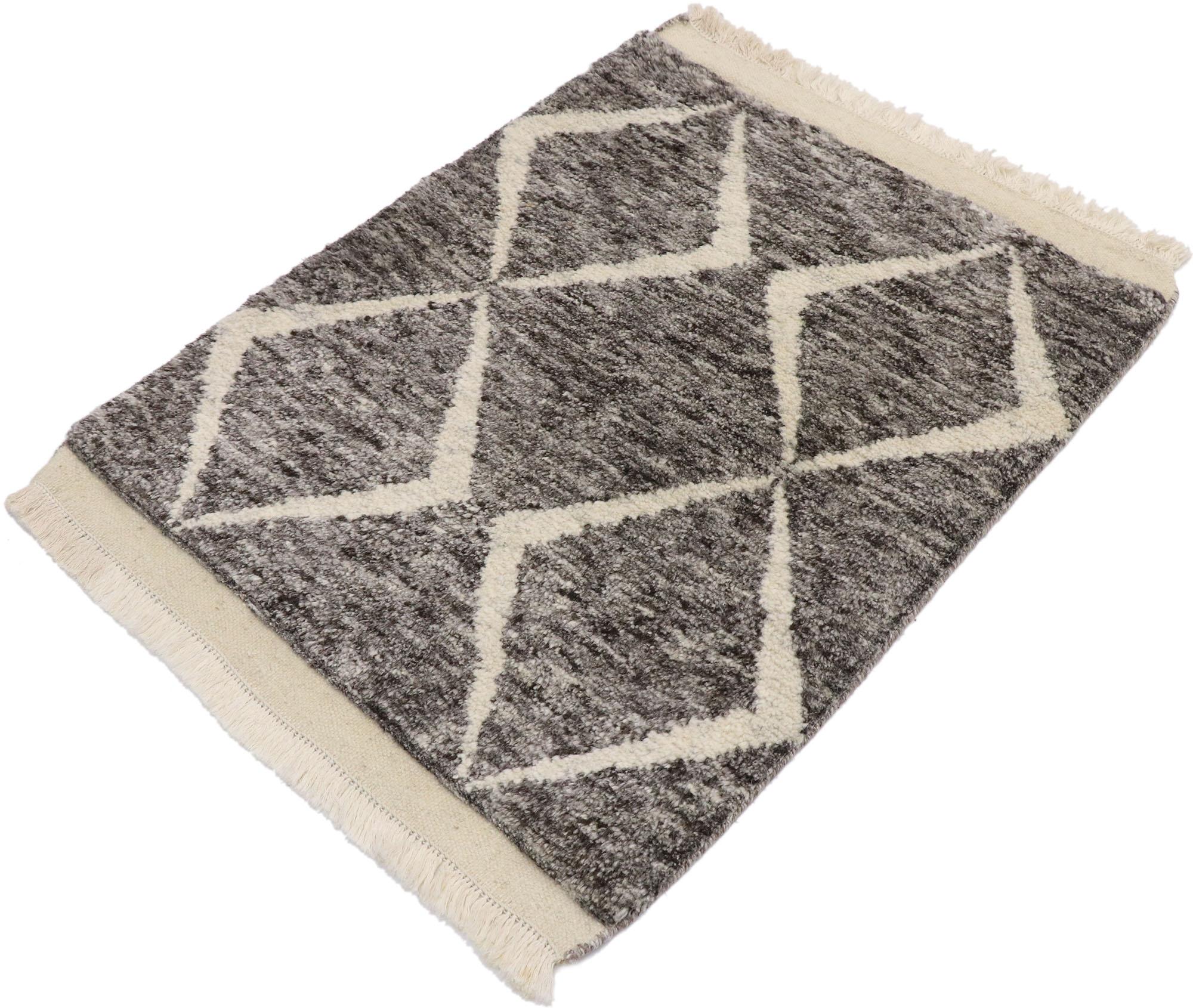30605 Small Modern Moroccan Rug, 02'00 x 02'10. This hand-knotted wool contemporary Moroccan-style rug presents a mesmerizing double diamond pattern, where beige lines gracefully traverse a richly striated charcoal gray field. The interplay of these