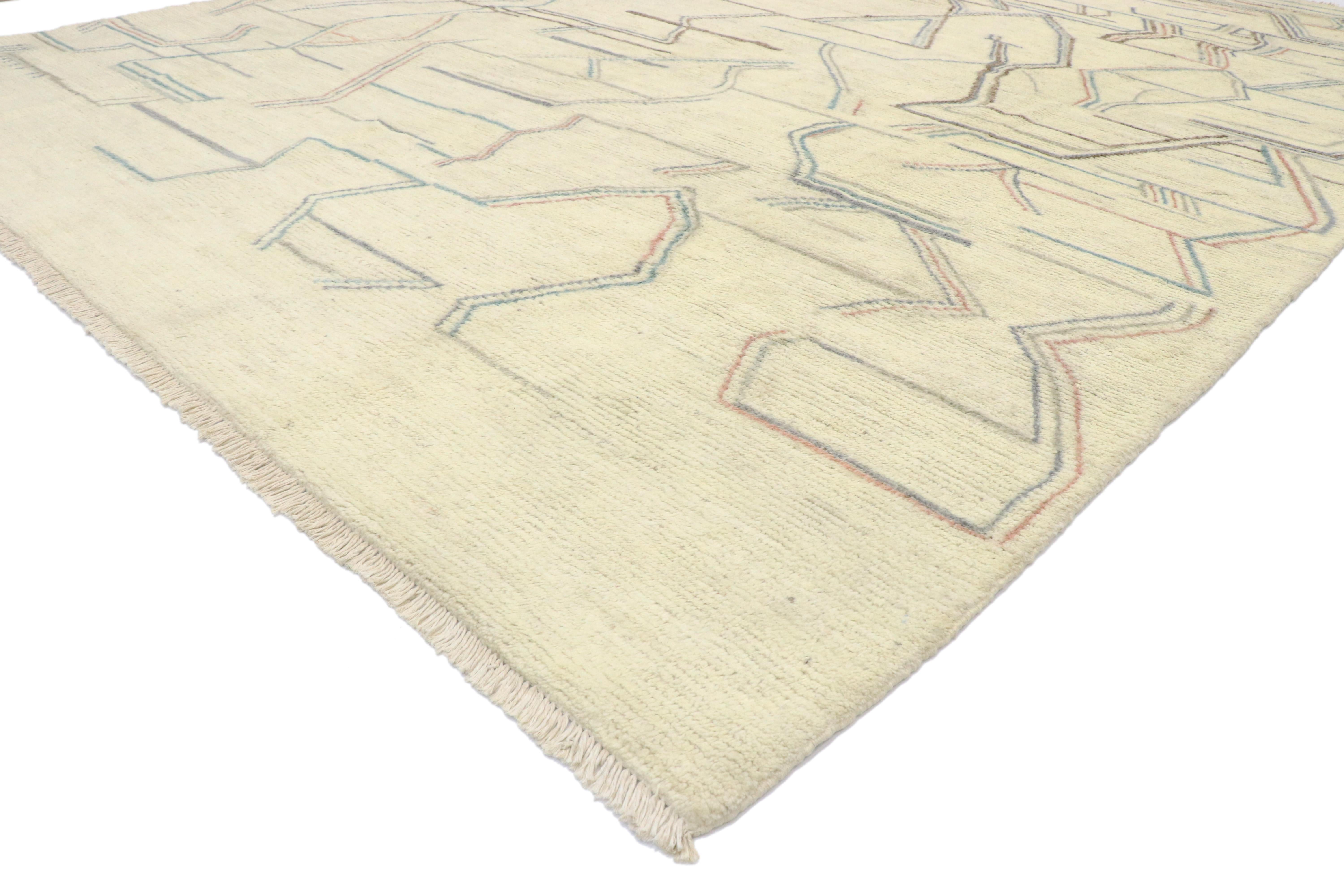 80287, new contemporary Moroccan style Area rug with Geometric Abstract Art Design from Esmaili Rugs collection. This hand knotted wool new contemporary Moroccan style rug features an all-over expressive geometric comprised of abstract lines