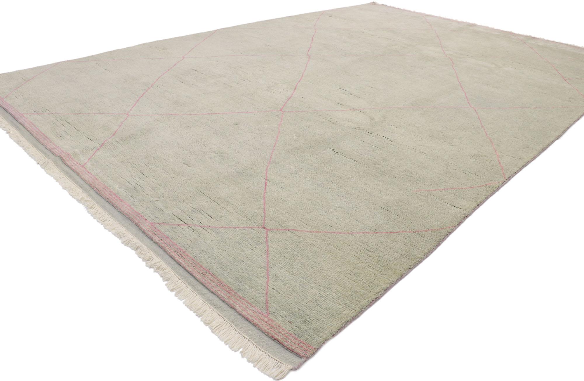 30570 New Contemporary Moroccan Area rug with Modern boho chic style. With its Hygge vibes and cozy contentment, this hand knotted wool contemporary Moroccan area rug adds texture and subtle graphic appeal forming a warm, relaxed space. Pink lines