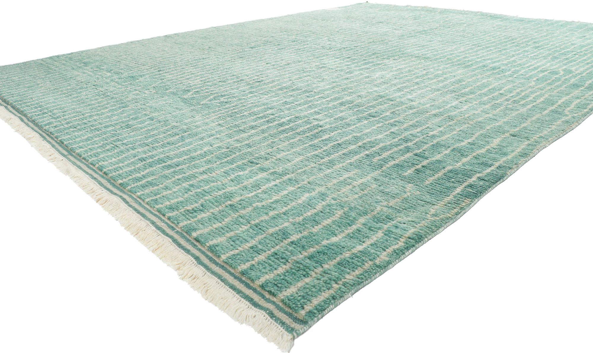 30775 New Contemporary Moroccan Style Rug 09'02 x 11'07. Channeling a coastal cottage with colors reminiscence of sea glass and weathered wood, this hand-knotted wool contemporary Moroccan style rug is a captivating vision of woven beauty. The